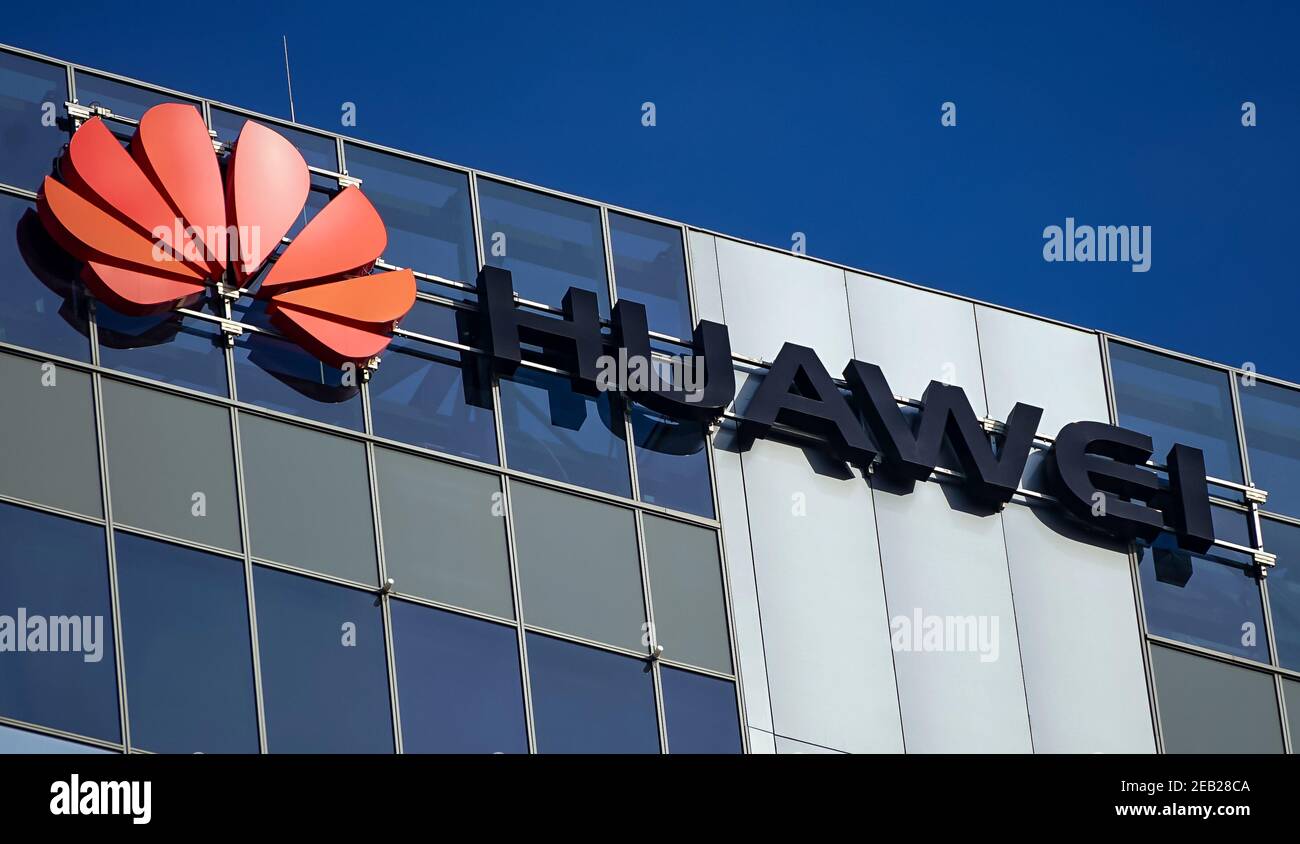 Bucharest, Romania - January 21, 2021: A logo of Huawei, Chinese telecommunications equipment company, is displayed on the top of a building, in Bucha Stock Photo