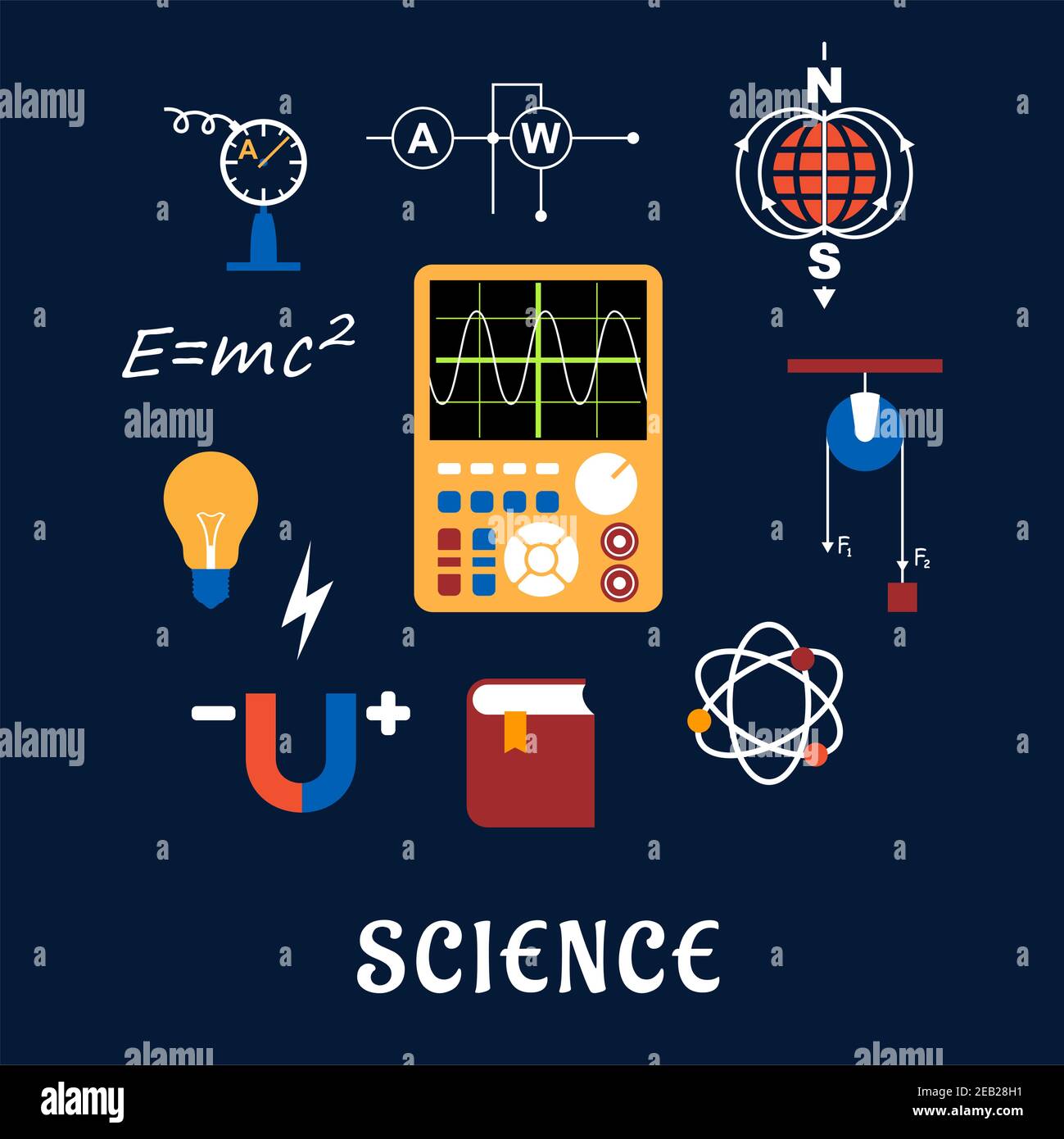 Science flat icons set with symbols of physics such as electric