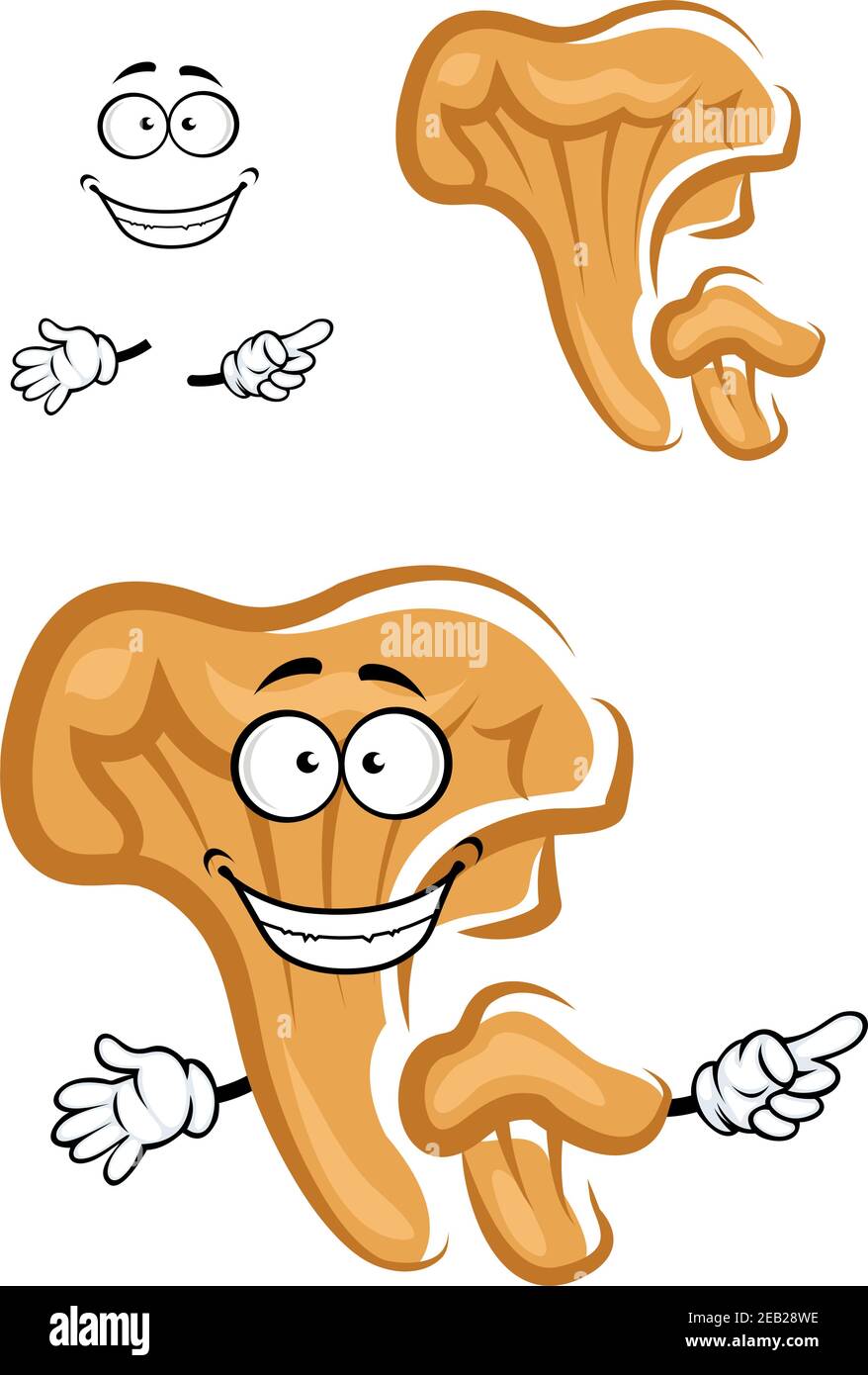 Funny orange chanterelle mushroom cartoon character with smooth cap and gills on the stipe for healthy fresh food design Stock Vector