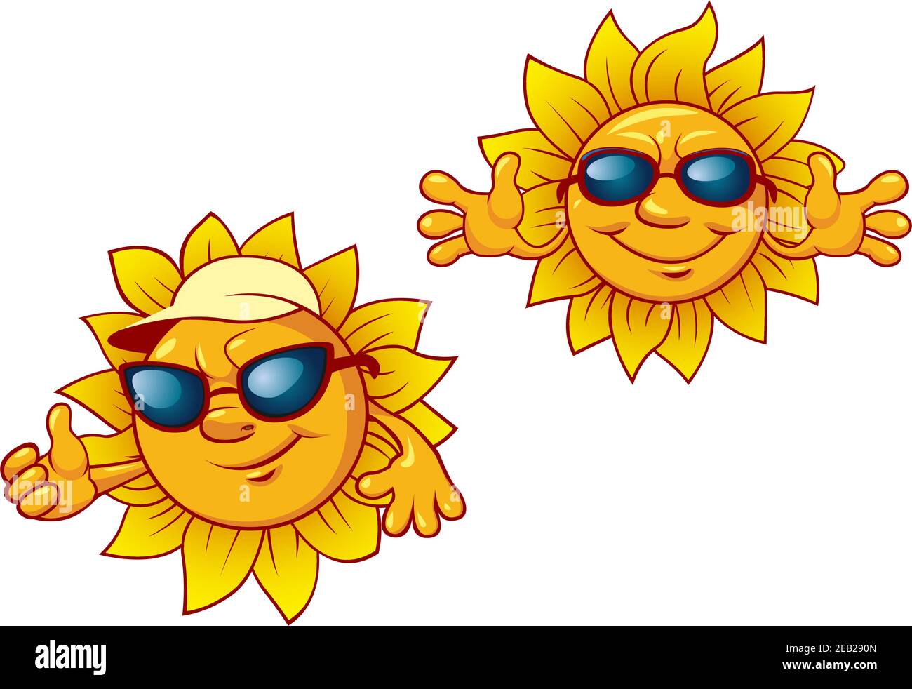Smiling summer suns cartoon characters in sunglasses with welcome open arms  for leisure and travel design Stock Vector Image & Art - Alamy