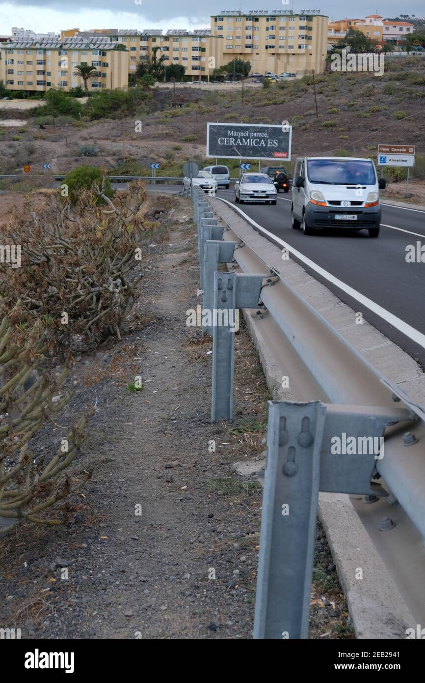 June 2018 - Safety barriers beside the motorway in Tenerife, Canary Islands. Stock Photo