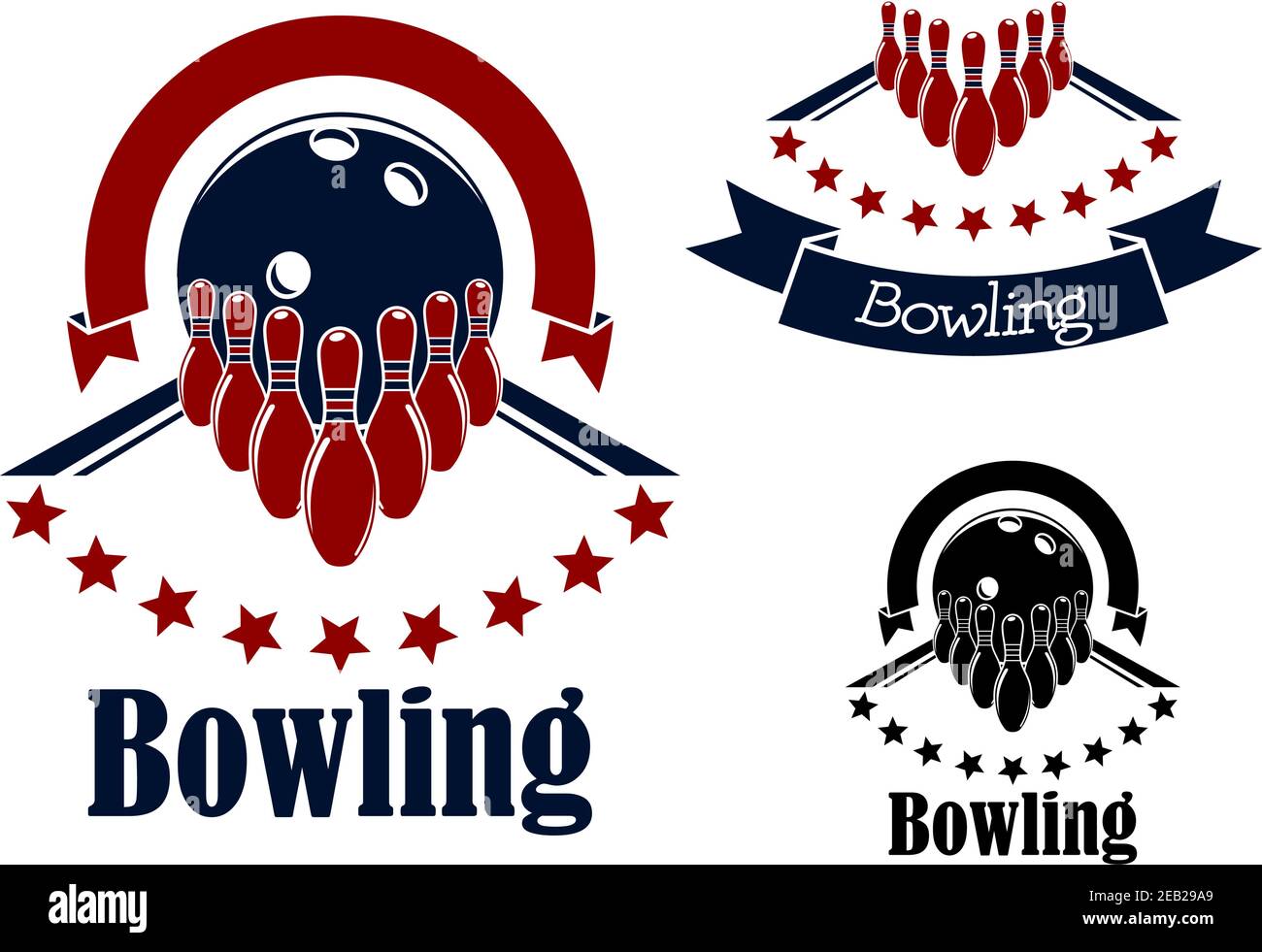 Bowling badges or emblems in blue and red colors with bowling lanes