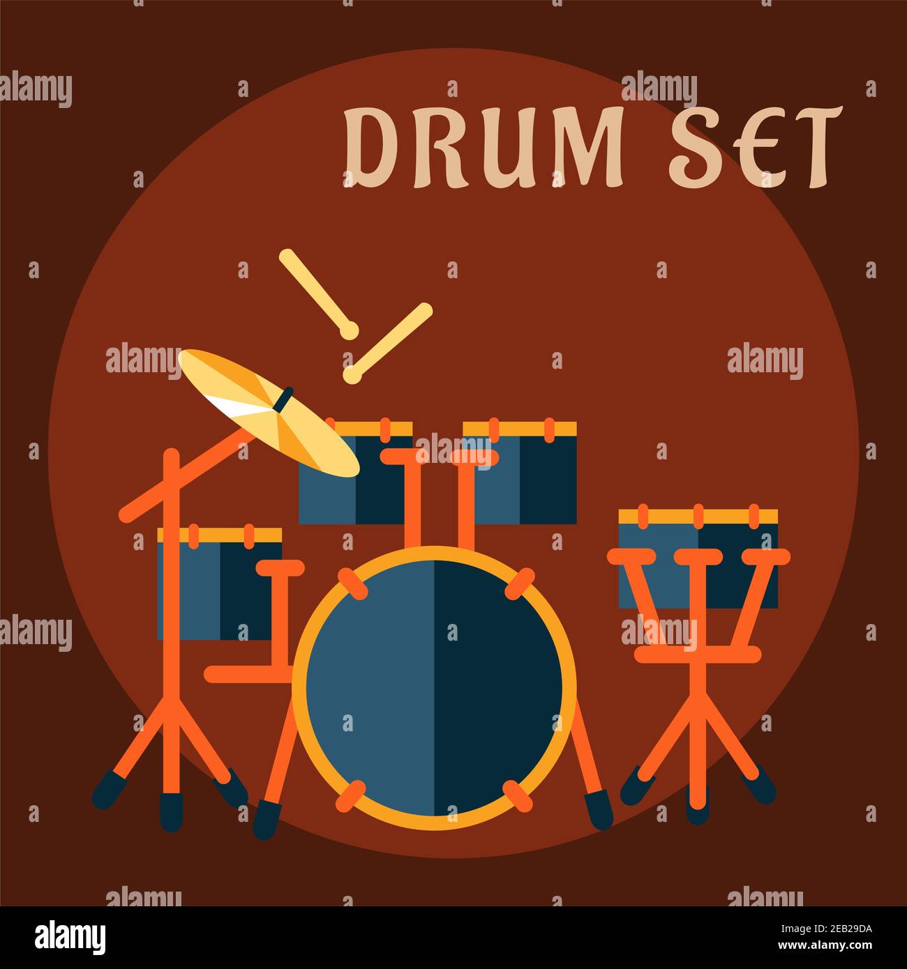 Drum set with sticks in flat style with modern drum kit consist of