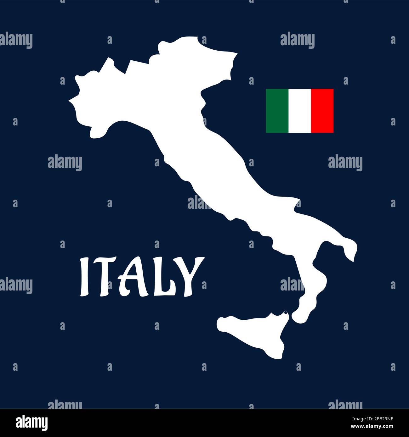 Map of Italy white silhouette with italian national flag in the upper corner on dark blue background for education or travel design Stock Vector