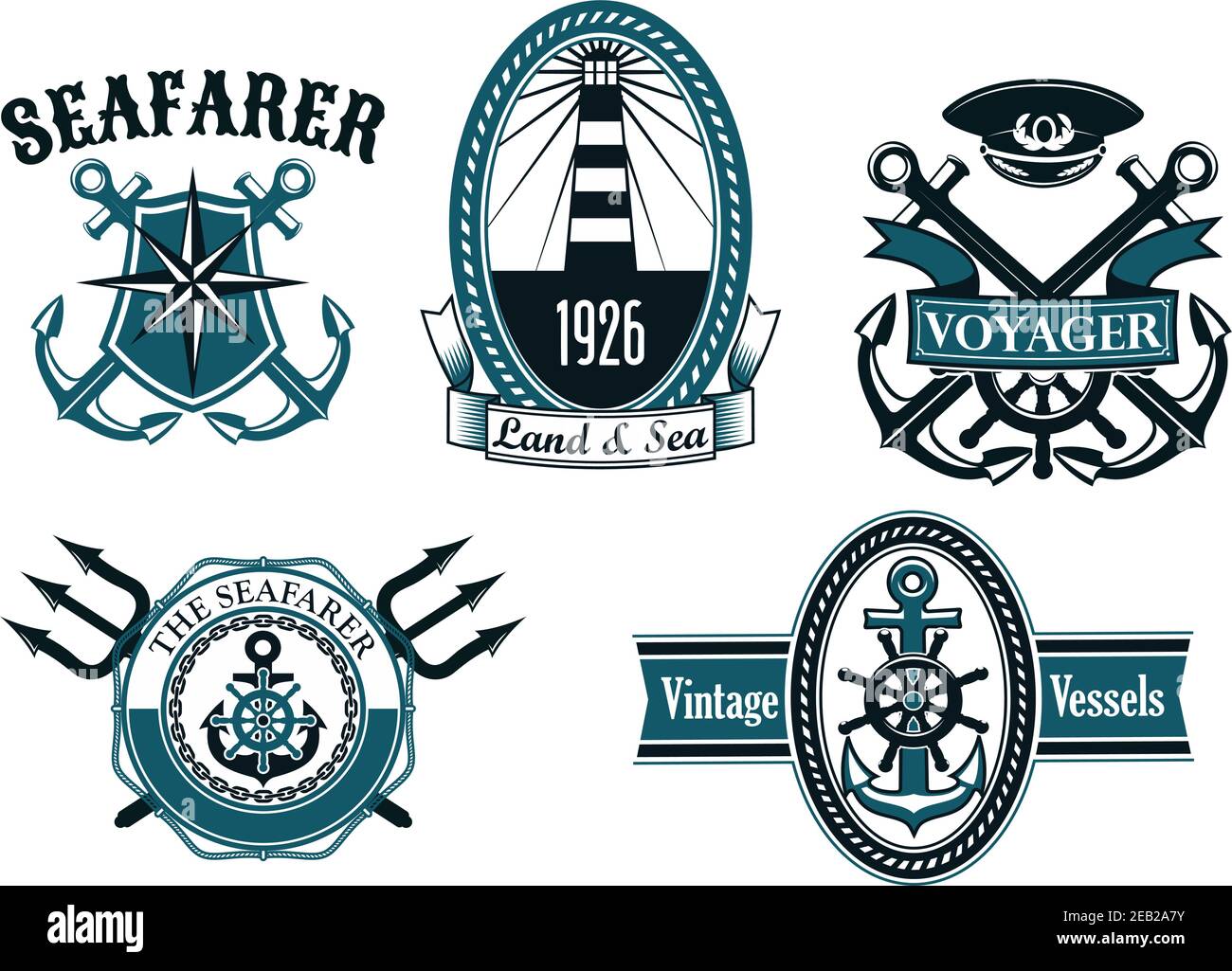 Nautical seafarer, voyager and vintage vessels emblems with anchors, helms,  lighthouse, captain cap, compass and tridents framed by shield, ropes, cha  Stock Vector Image & Art - Alamy