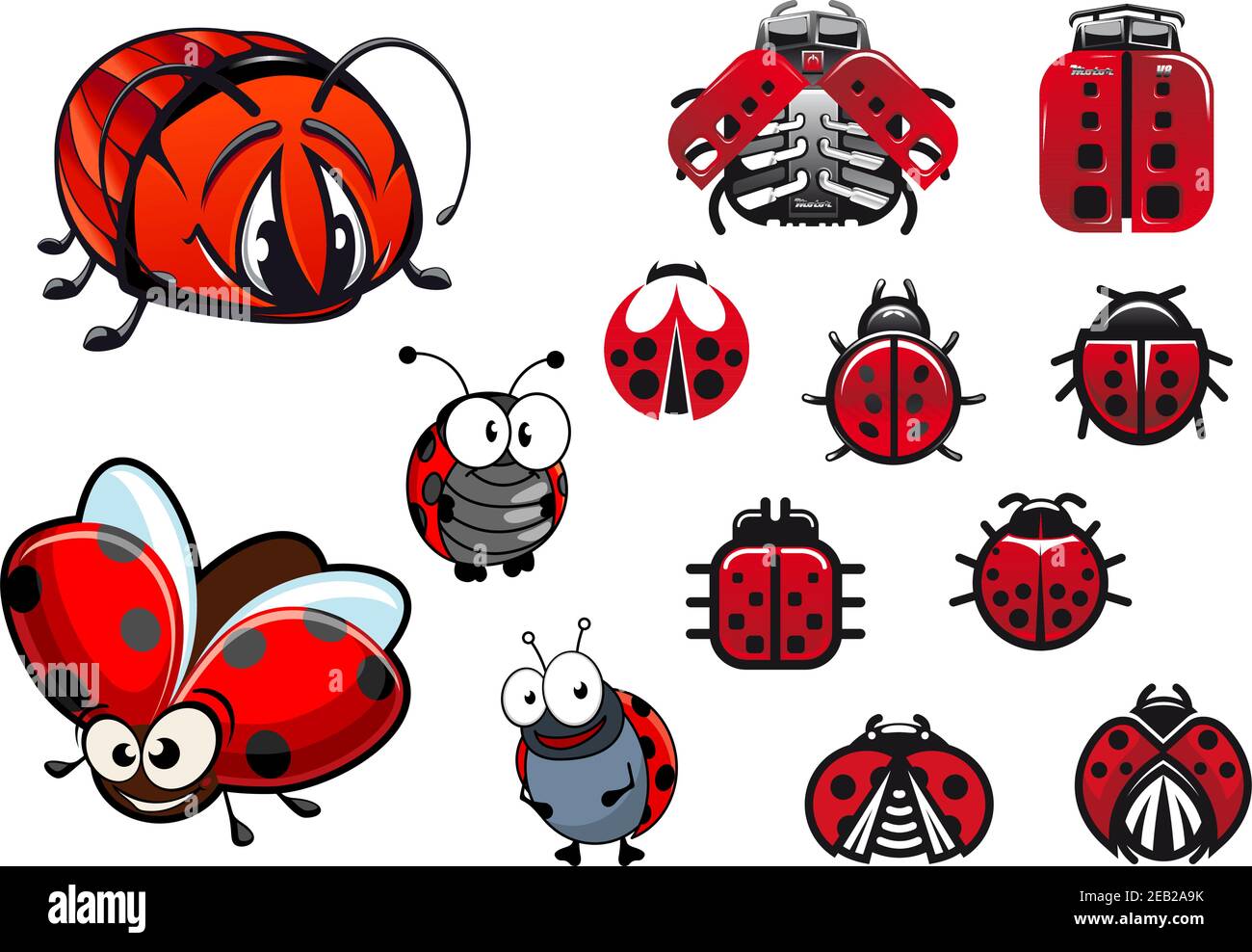 Ladybugs, ladybirds and beetles with happy cartoon flying and crawling beetles, abstract glossy ladybirds icons and modern machinery stylized ladybugs Stock Vector