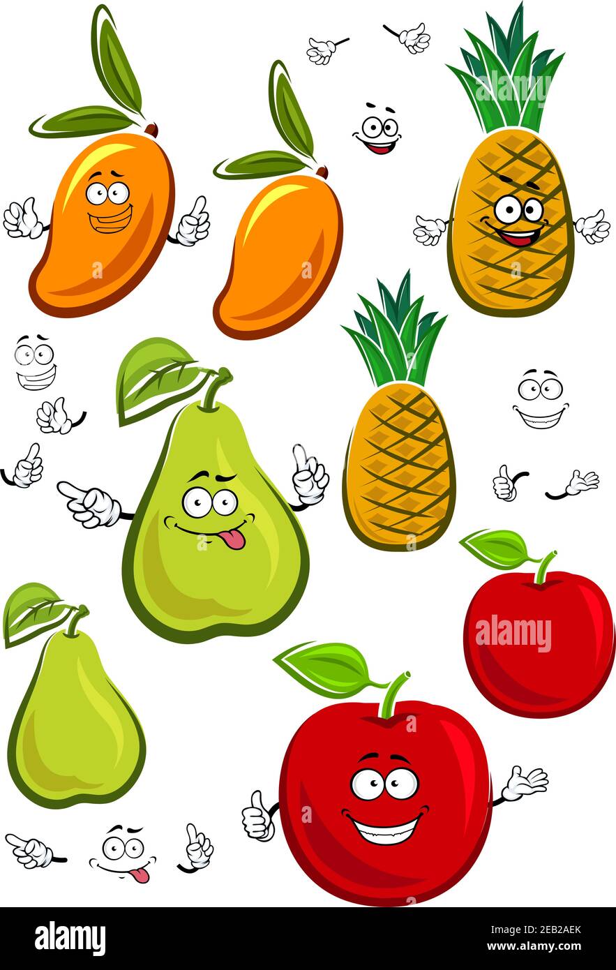 Juicy fresh apple, mango, pineapple and pear fruits cartoon characters