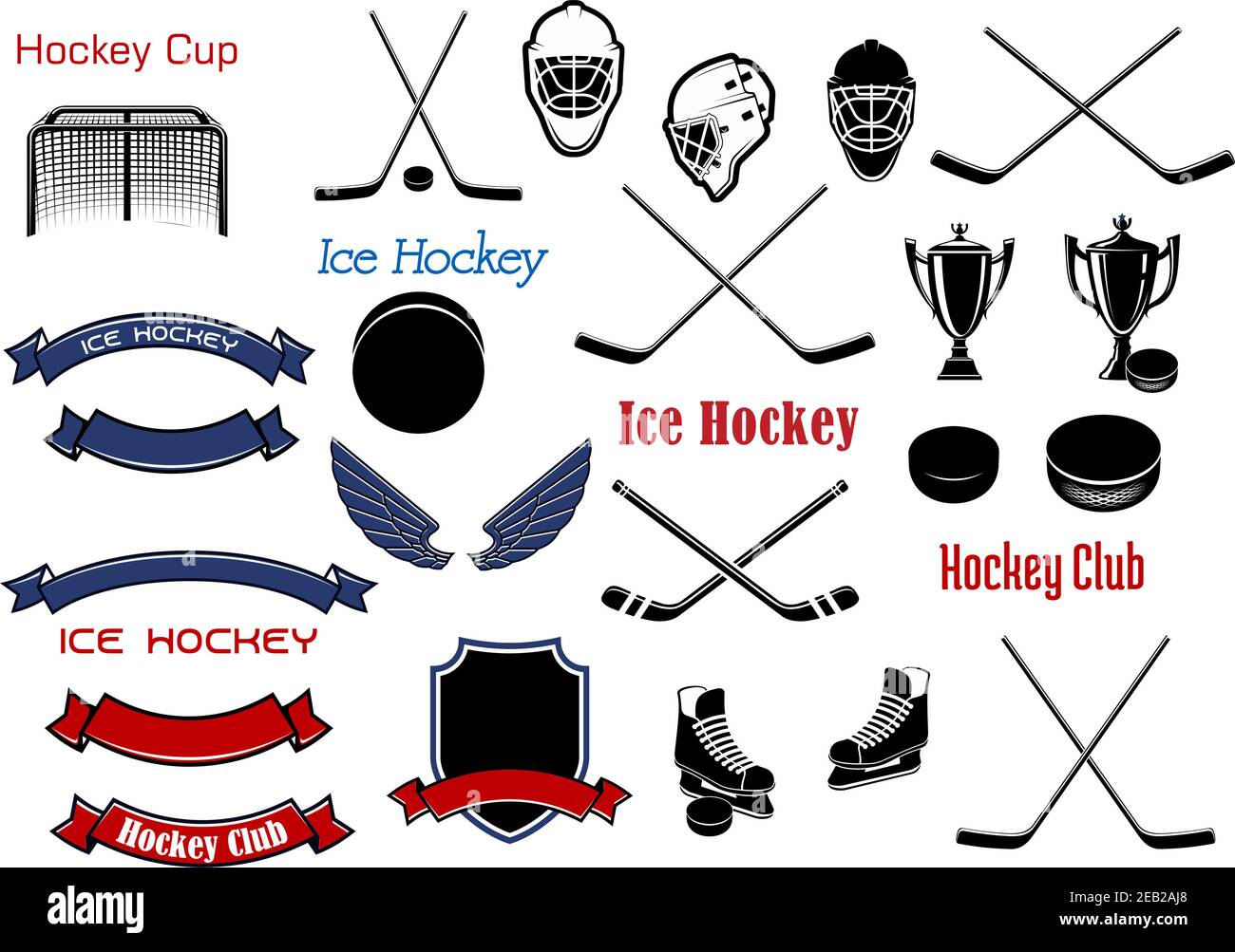 Ice hockey and heraldic symbols for emblems design with sticks, pucks