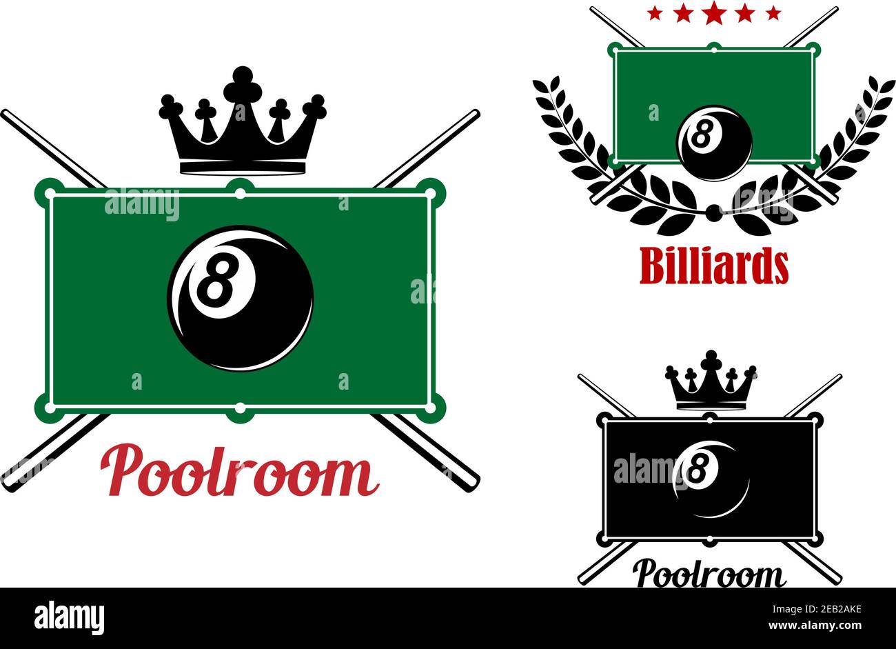 Pool, snnoker and billiards emblems with billiard eight balls, game tables and crossed cues decorated by crown, stars and laurel wreath Stock Vector