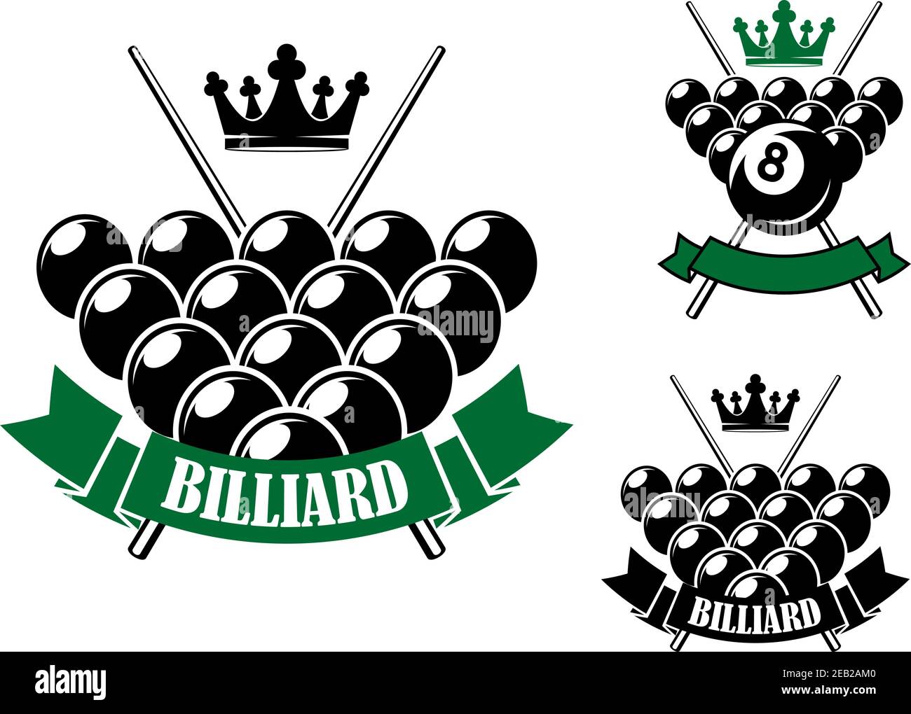 Billiards or pool icons design with billiard balls in starting position, crossed cues on the background, crowns and ribbon banners Stock Vector
