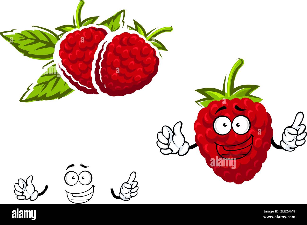 Red raspberry fruit character in cartoon style with lush green sepals ...