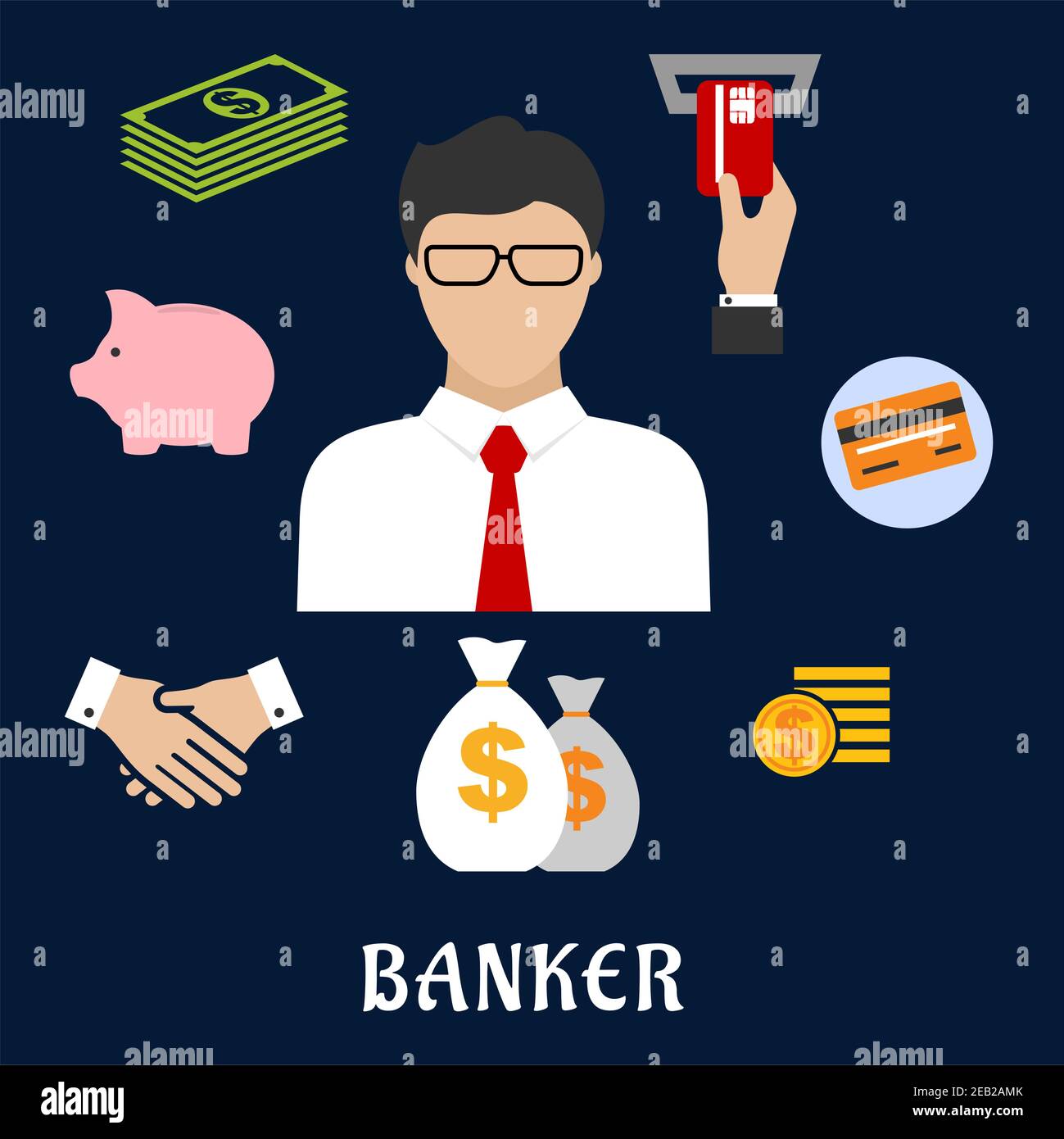 Banker profession flat concept design with businessman in glasses and ...