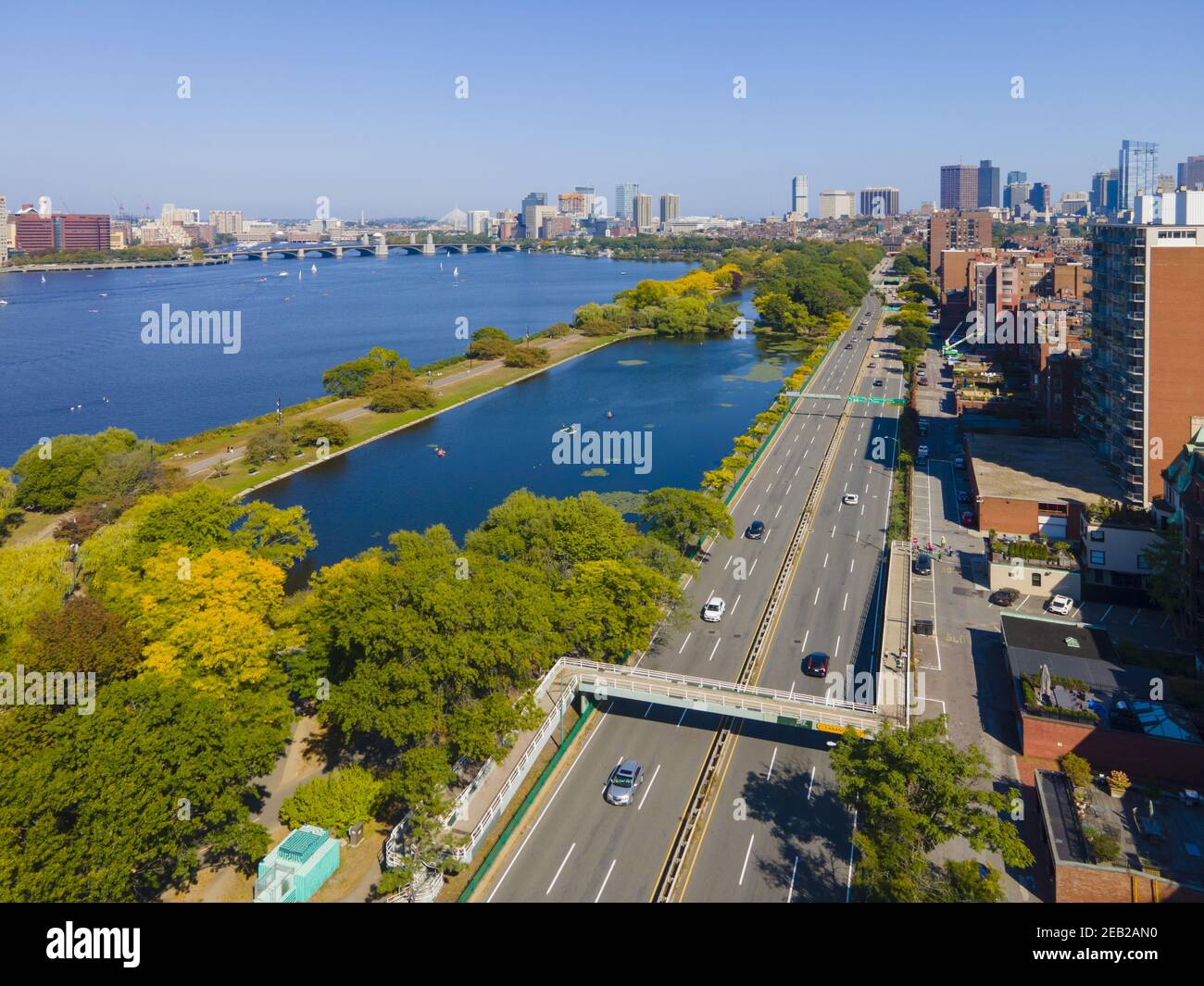 Charles River Esplanade and Storrow Lagoon aerial view on Charles River