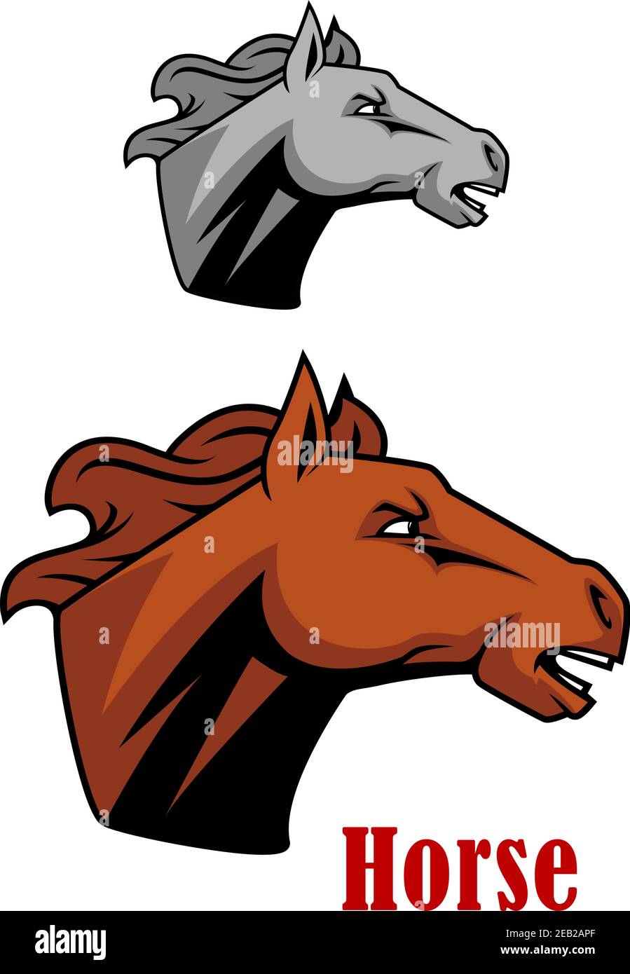 Brown horse head in profile with fierce expression and open mouth as though neighing, with second grey variation Stock Vector