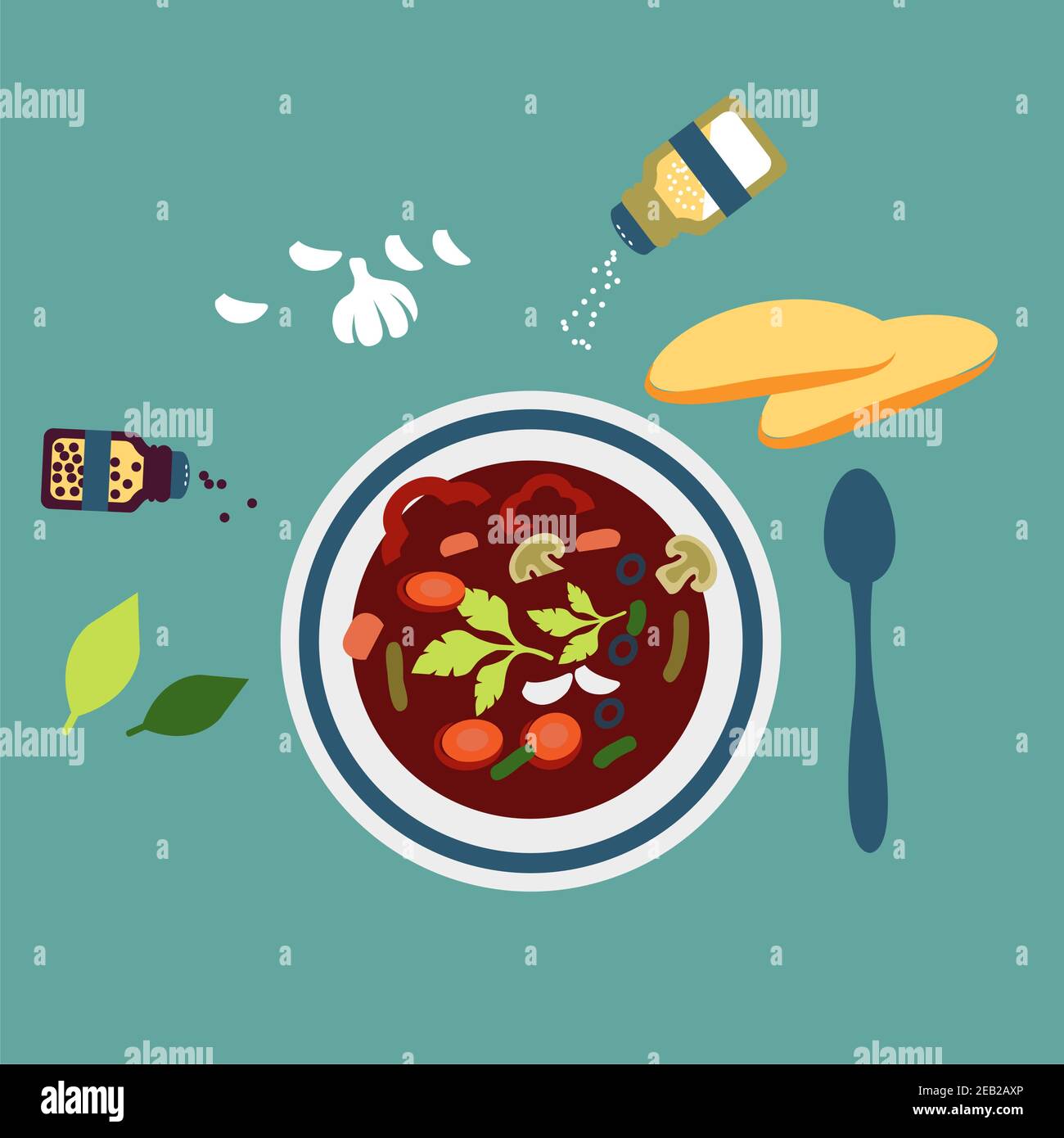 Fresh cooked vegetarian soup with sliced carrot, olives, bell pepper, garlic and parsley served in a white bowl surrounded spoon, bread, garlic, spicy Stock Vector