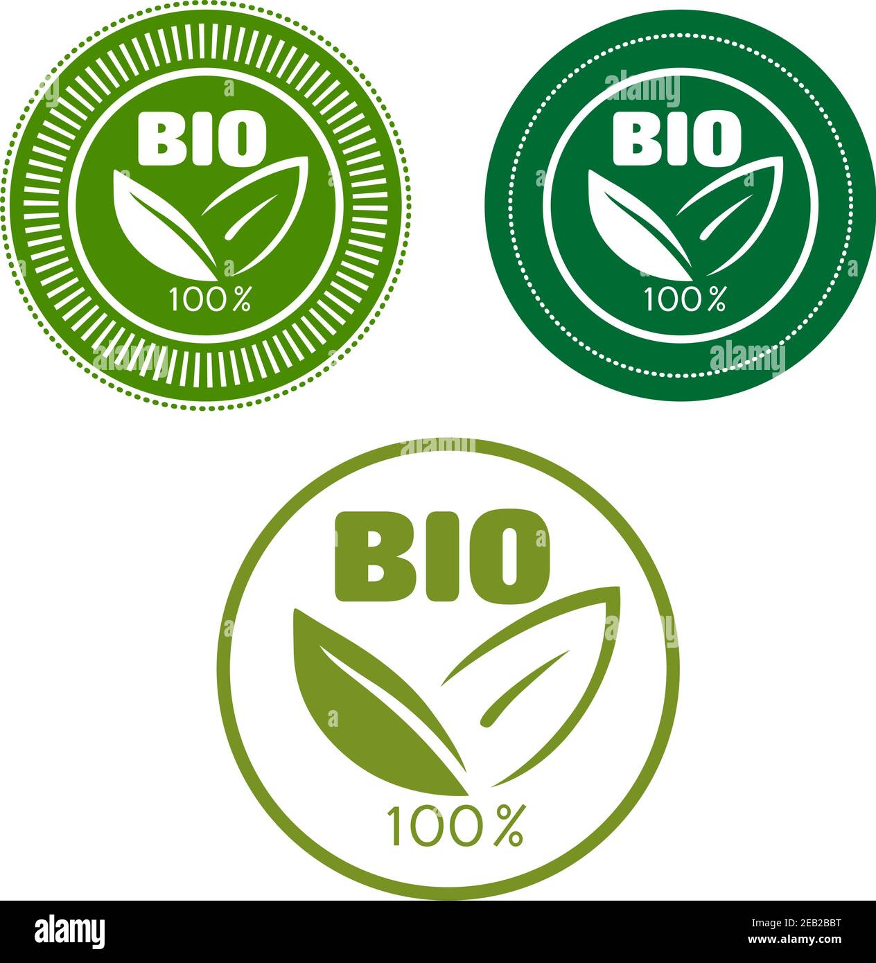 Bio and natural food labels with text 100 percent, Bio and green leaves ...