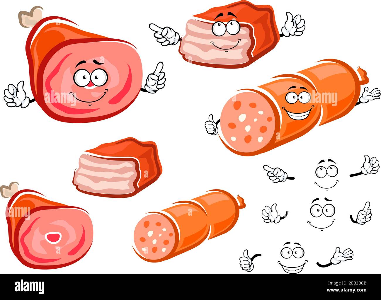 Sausage, pork leg with bone and baked meatloaf cartoon characters. Meat
