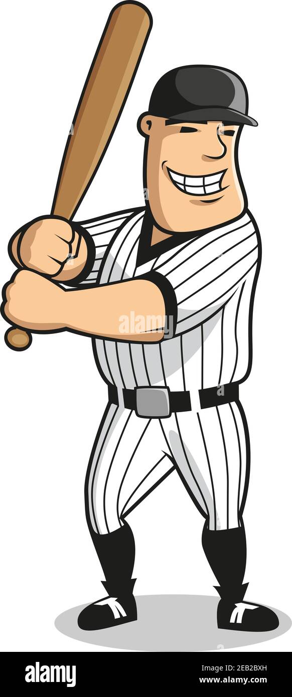 Cartoon professional baseball player character with bat, depicting muscular batter man in striped uniform and cap awaiting a pitch. For sports design Stock Vector