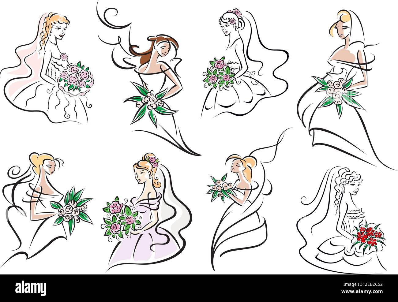Pretty brides and bridesmaids in white dresses with elegant hairstyles, colorful bouquets in hands. For wedding or marriage ceremony design Stock Vector