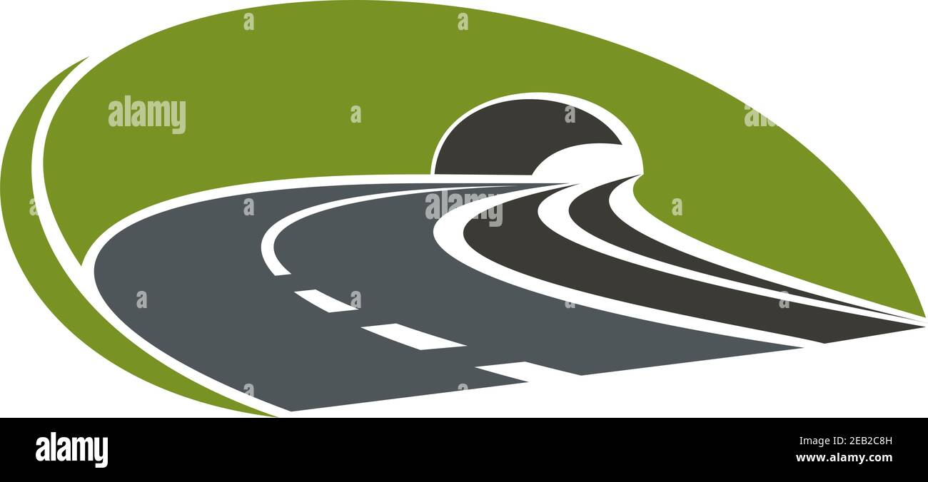 Icon of highway road heading into a tunnel through green mountain cliff, suitable for transportation or travel design Stock Vector