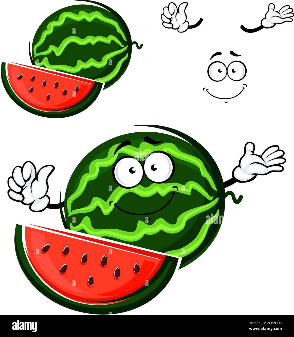 Watermelon fruit cartoon isolated character with separate face, hands