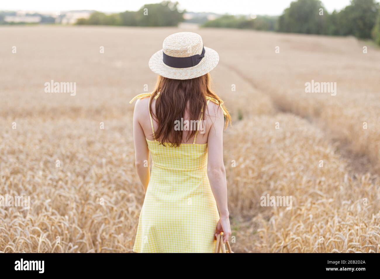 Beautiful young woman in a yellow dress walking through the wheat field ...