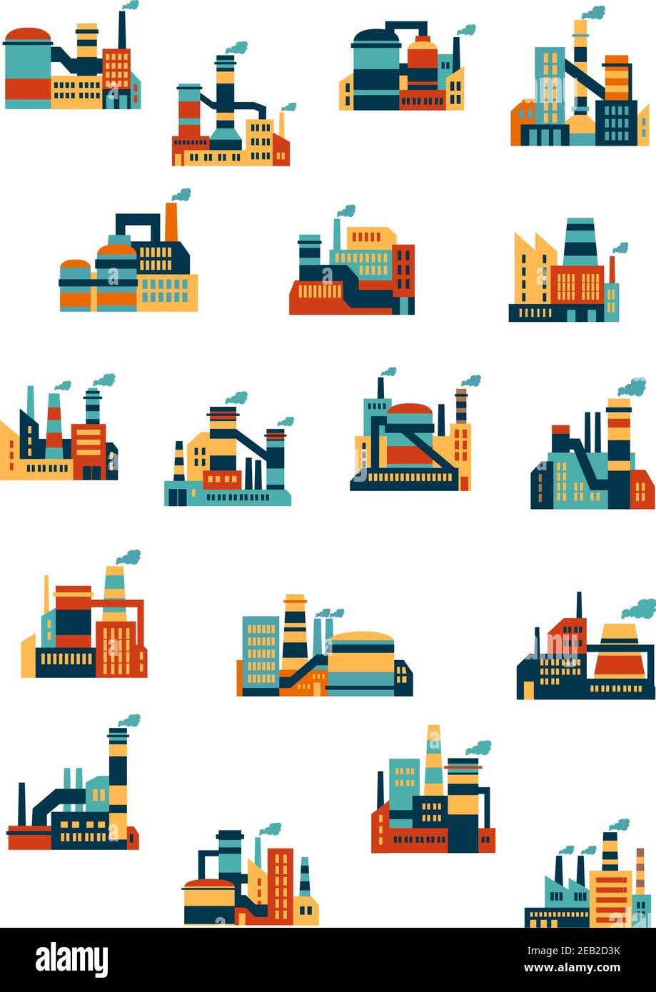 Industrial factories and plants icons in flat style with smoking ...