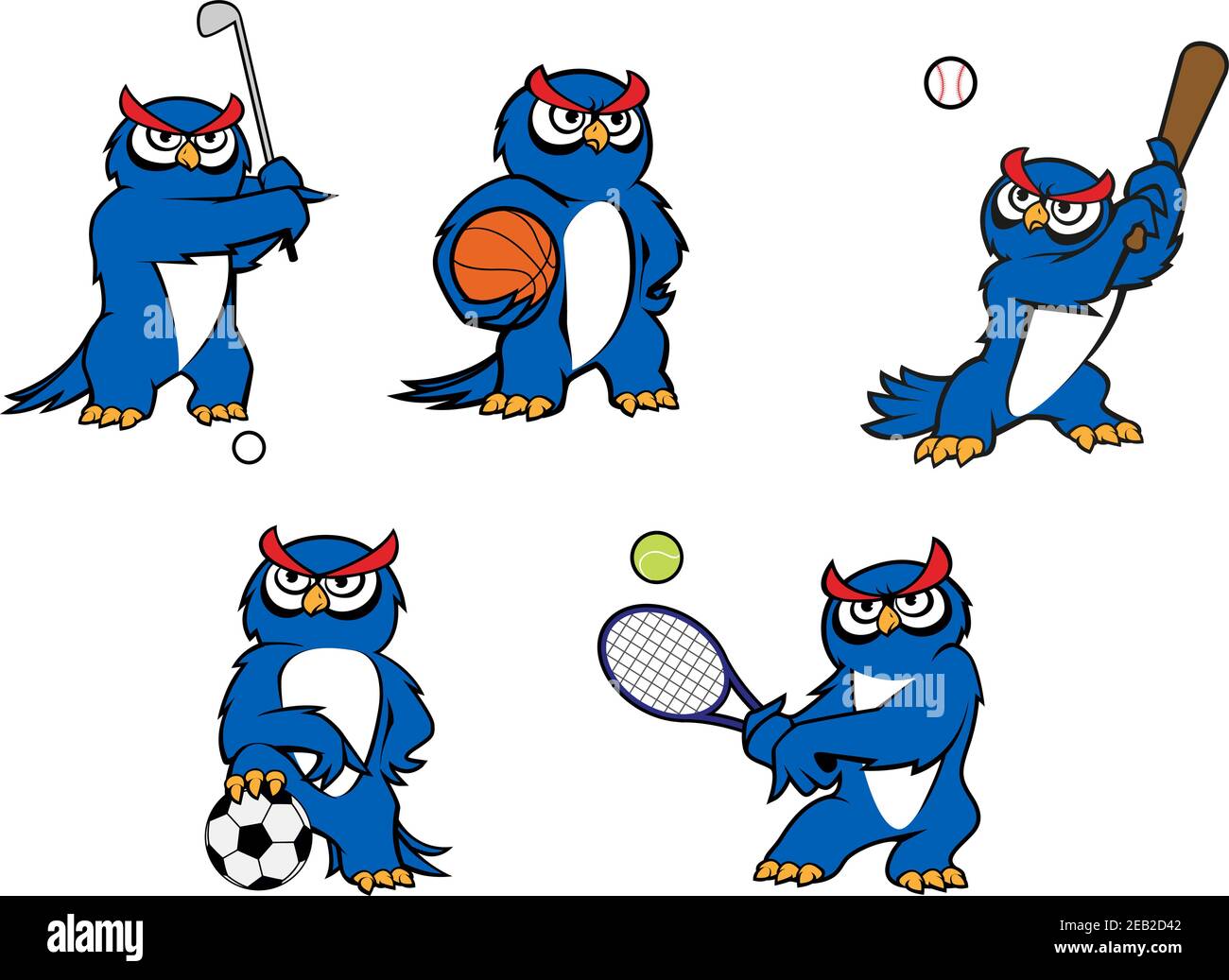 Blue cartoon owl characters playing golf, basketball, baseball, football  and tennis with sports items for mascot design Stock Vector Image & Art -  Alamy