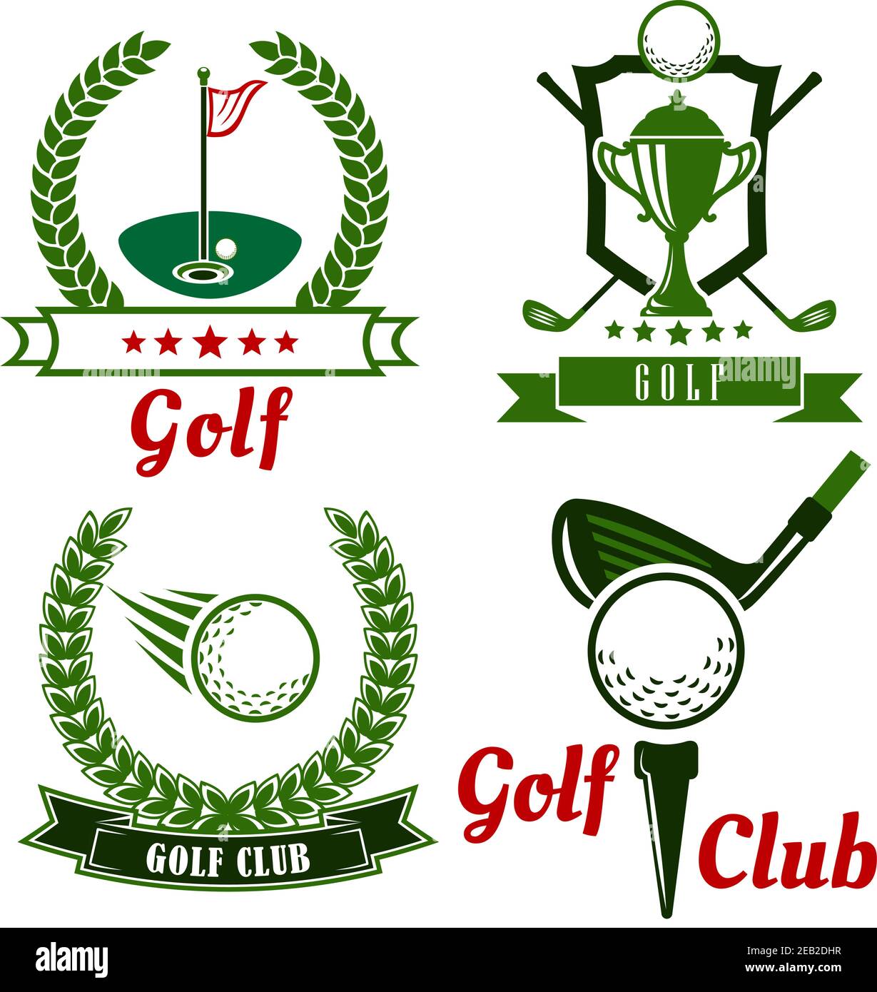 Golf club icons, emblems and symbols with flying ball, clubs, trophy cup and golf balls on field