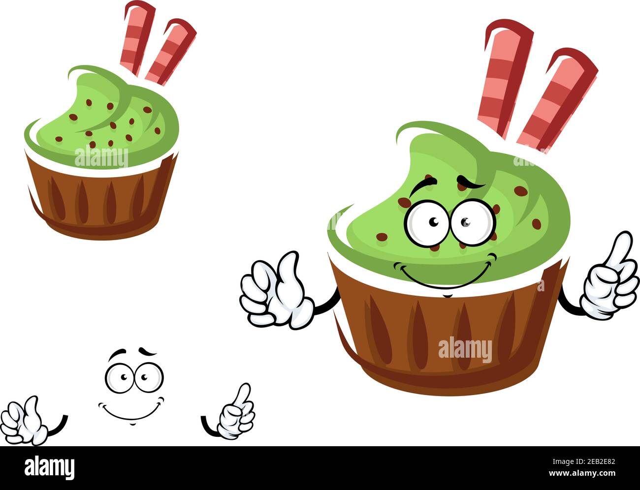 Funny tasty cartoon cupcake character with green cream, chocolate chips and waffle rolls. For pastry shop or holiday party design Stock Vector