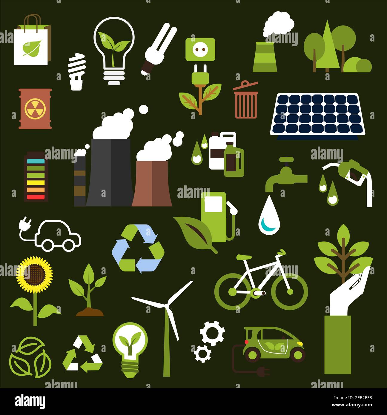 Ecology symbols with flat icons of industrial pollution, transport