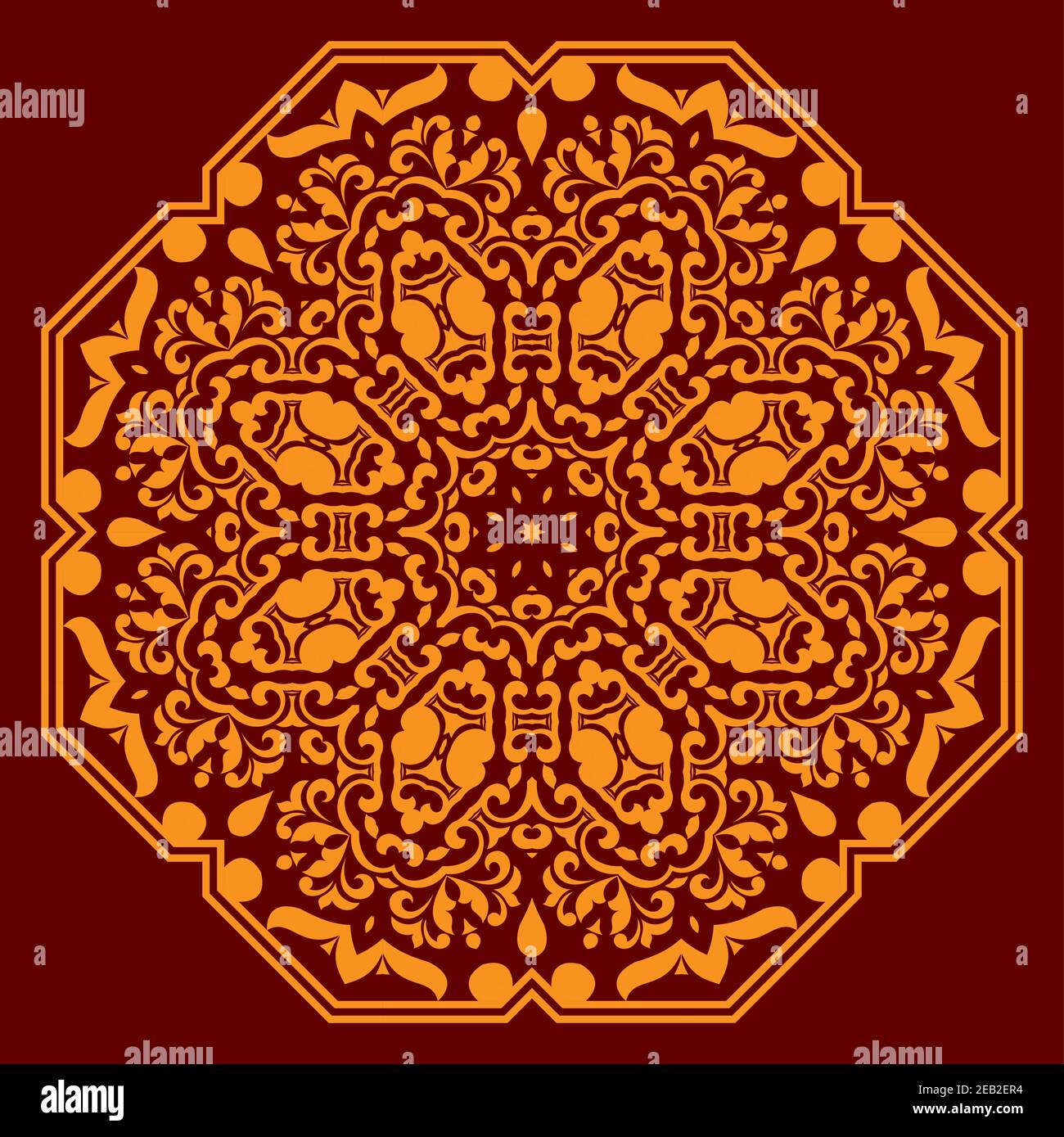 Orange floral pattern with circular ornament of abstract flowers, geometric elements, curved lines and curlicues on dark red background Stock Vector