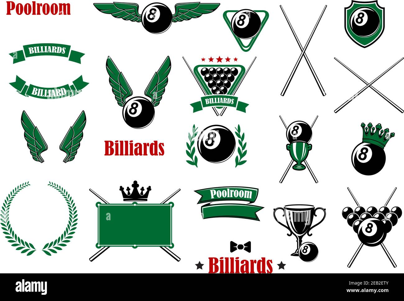 Billiards, pool and snooker game items with balls, cues, triangle table, trophies, shield crowns wings, wreath ribbon banners and headers Stock Vector