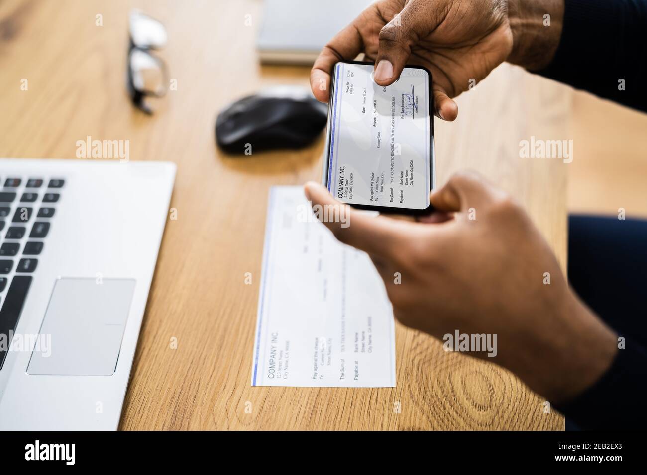 Remote Check Deposit Using Mobile Remote. Taking Photo Stock Photo