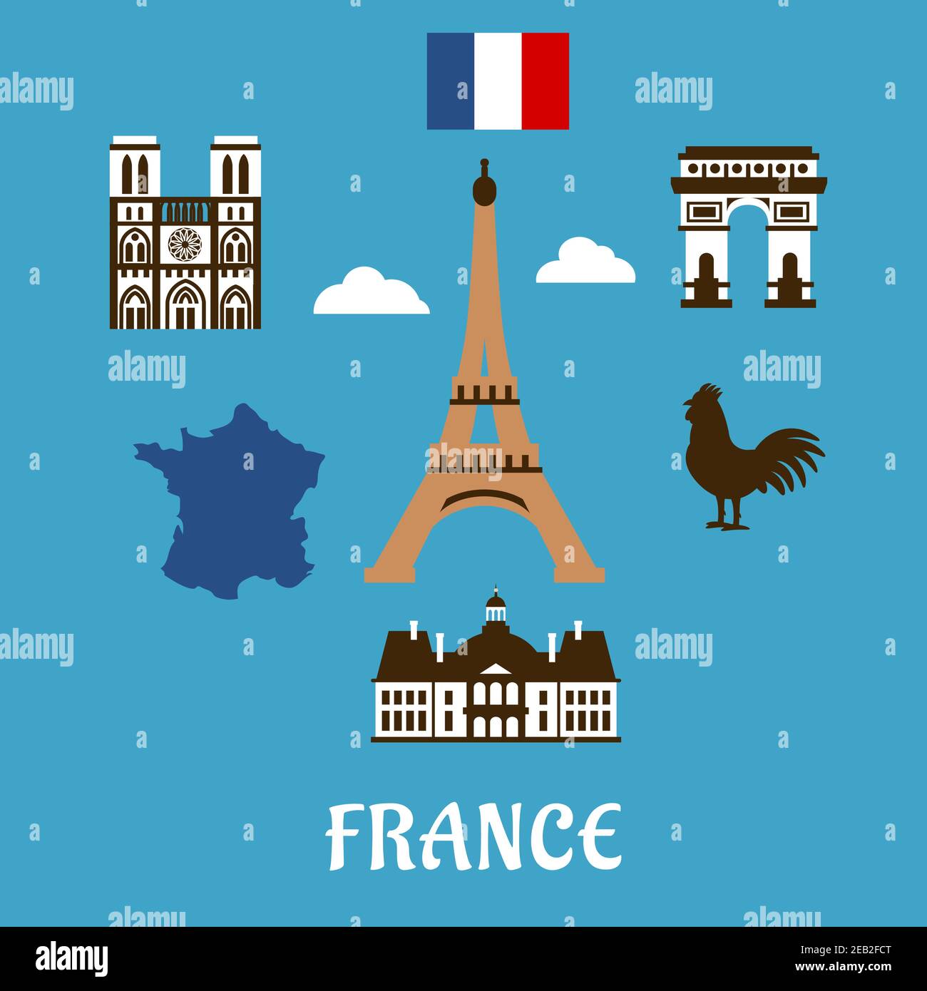 France travel symbols with Eiffel Tower surrounded by famous landmarks as Triumphal Arch, Notre Dame cathedral, national map, flag and gallic rooster Stock Vector