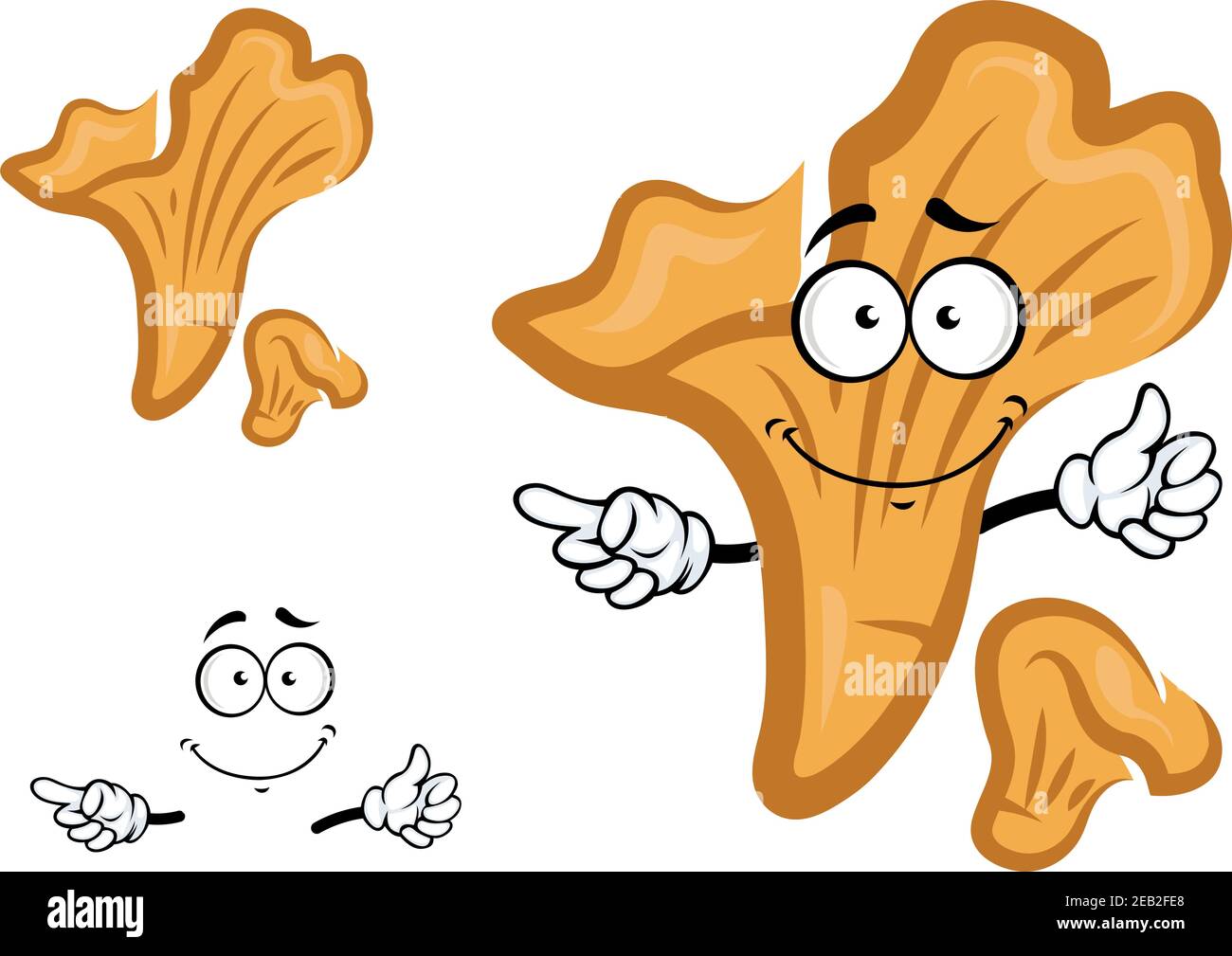 Cartoon smiling orange chanterelle mushroom character with yellow cap giving a thumb up sign. Isolated on white background Stock Vector