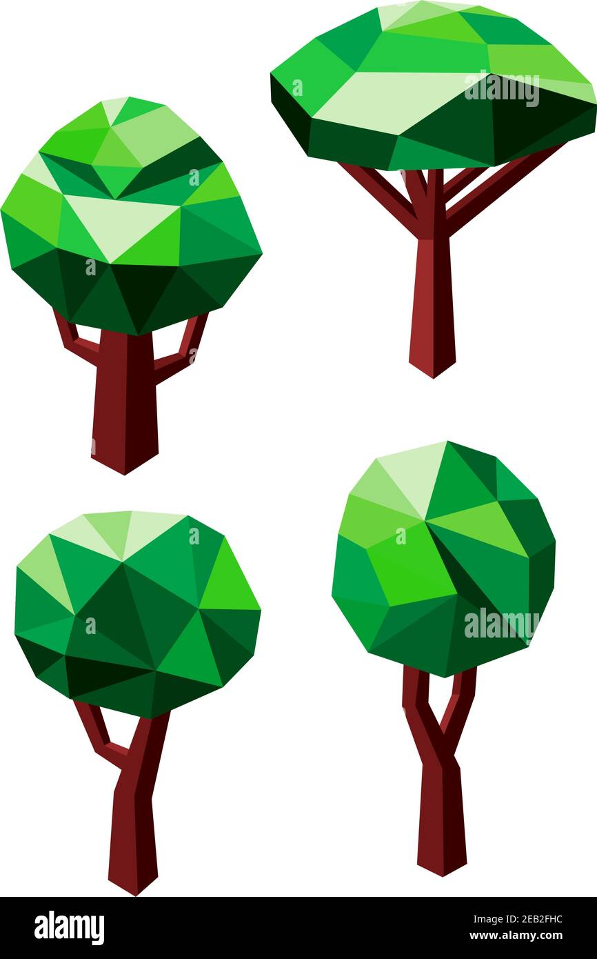 Abstract geometric green trees icons in 3D low poly style with rounded ...
