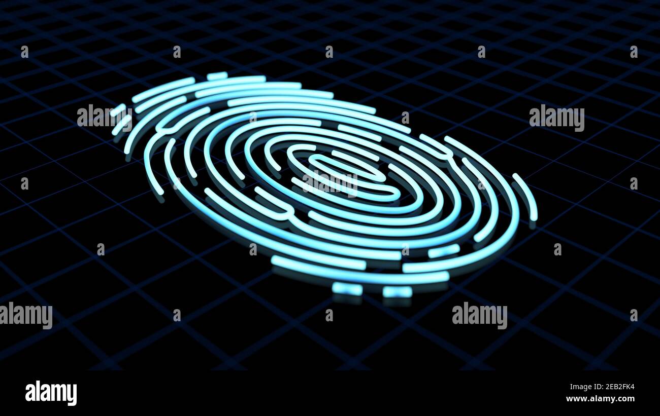 Finger print on dark background. Security and identify. Biometric technology. 3d illustration. Stock Photo