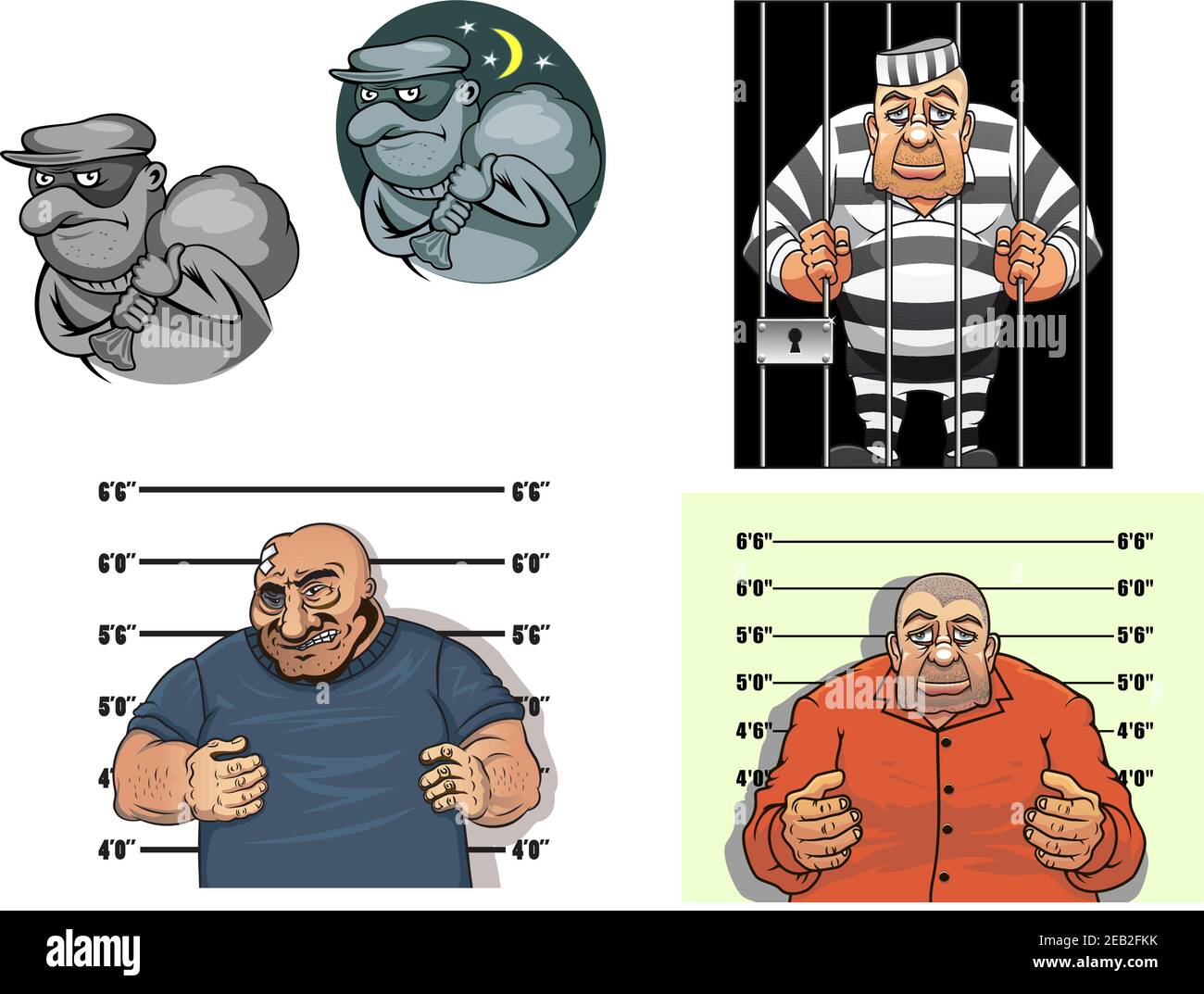 Criminal cartoon characters with thief in mask and sack, robber, gangster makes a prisoner photo against height chart and prisoner in jail behind bars Stock Vector