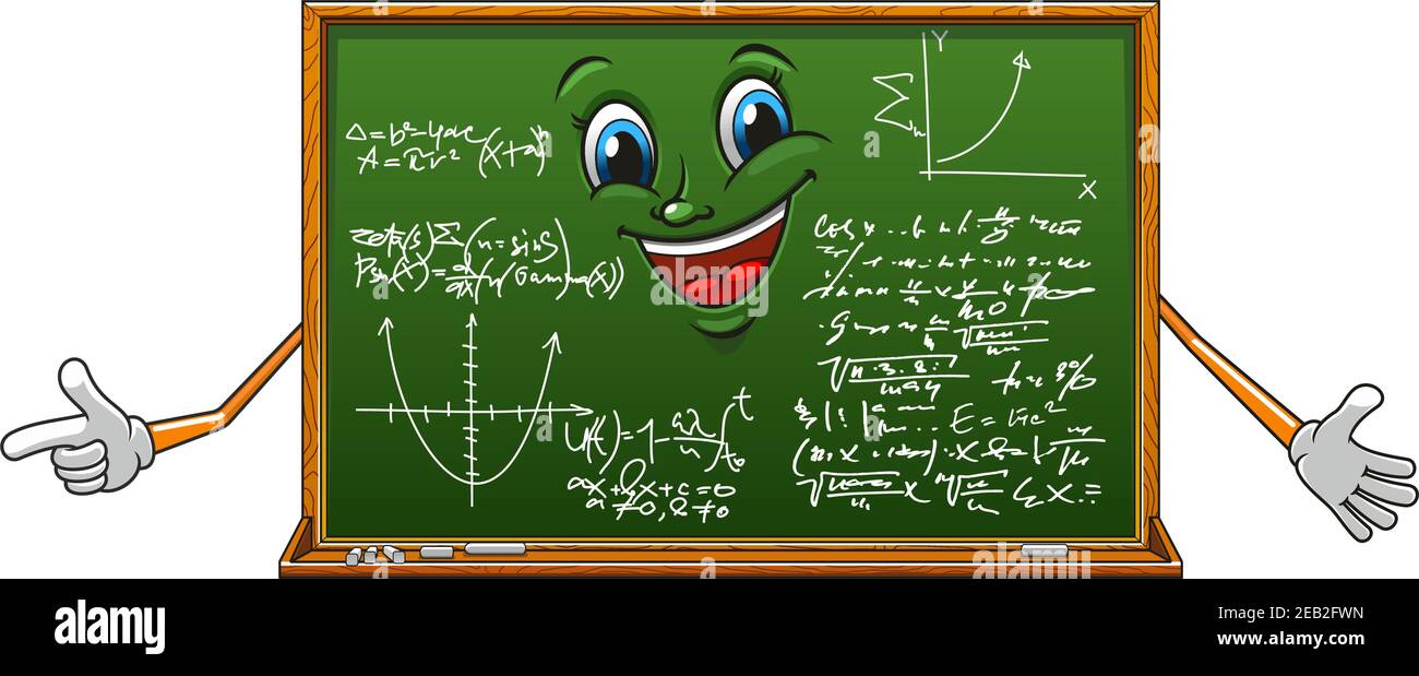 Cheerful cartoon green blackboard character with mathematics chalk formulas and graphs, for