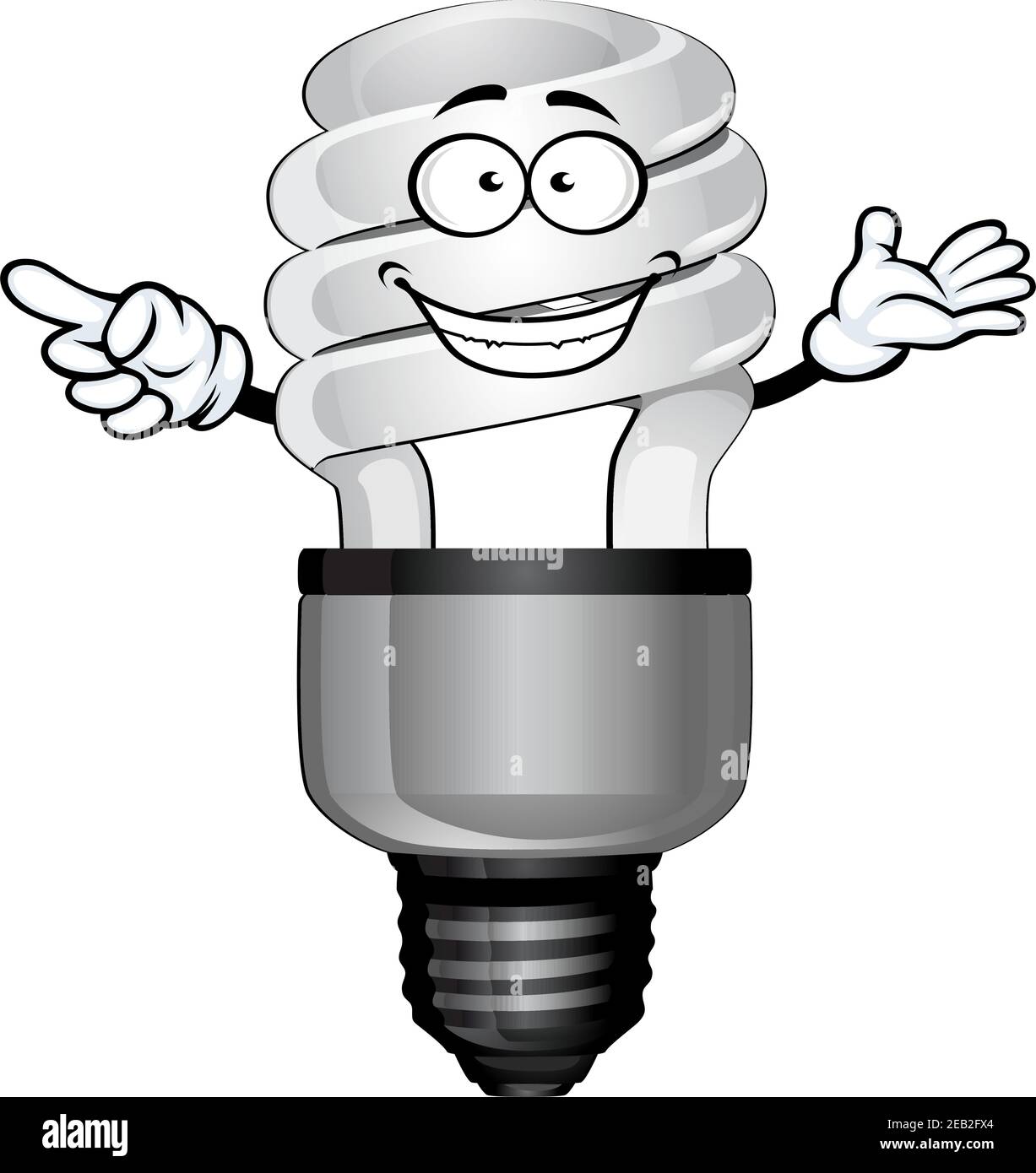 Happy compact fluorescent saving light bulb cartoon character with white glass tube, isolated on white background Stock Vector