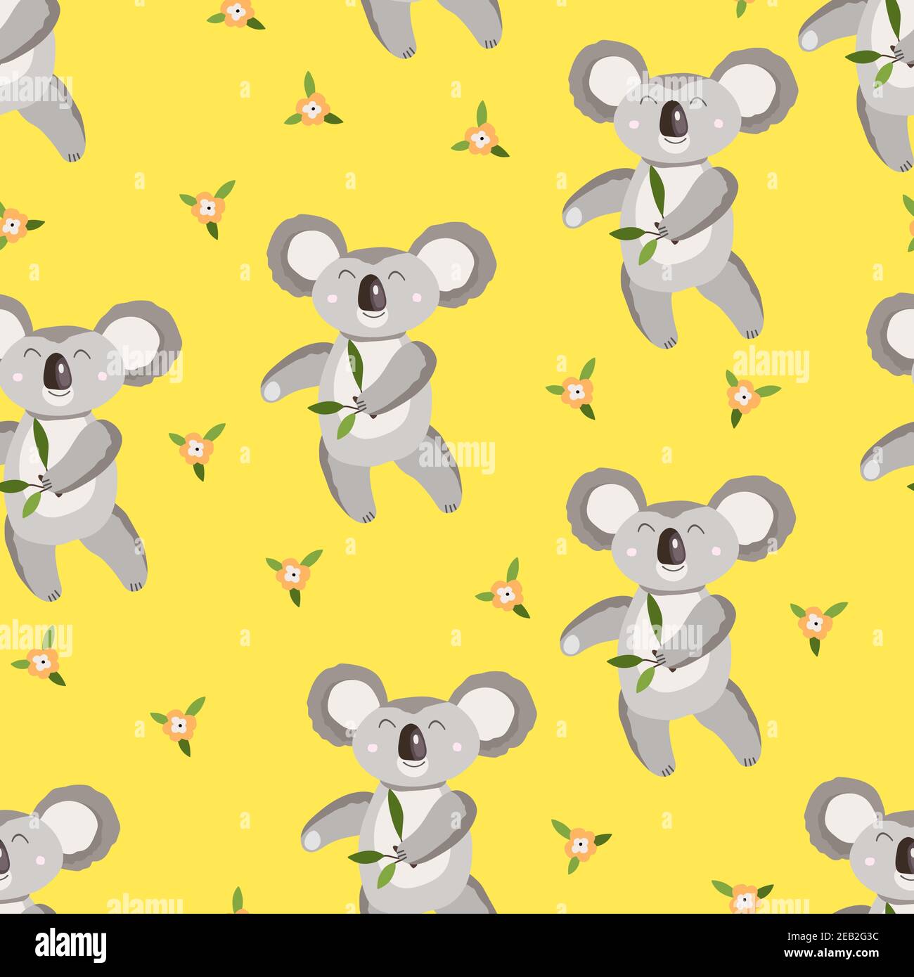 Seamless pattern with cute koala baby and flowers on color background ...