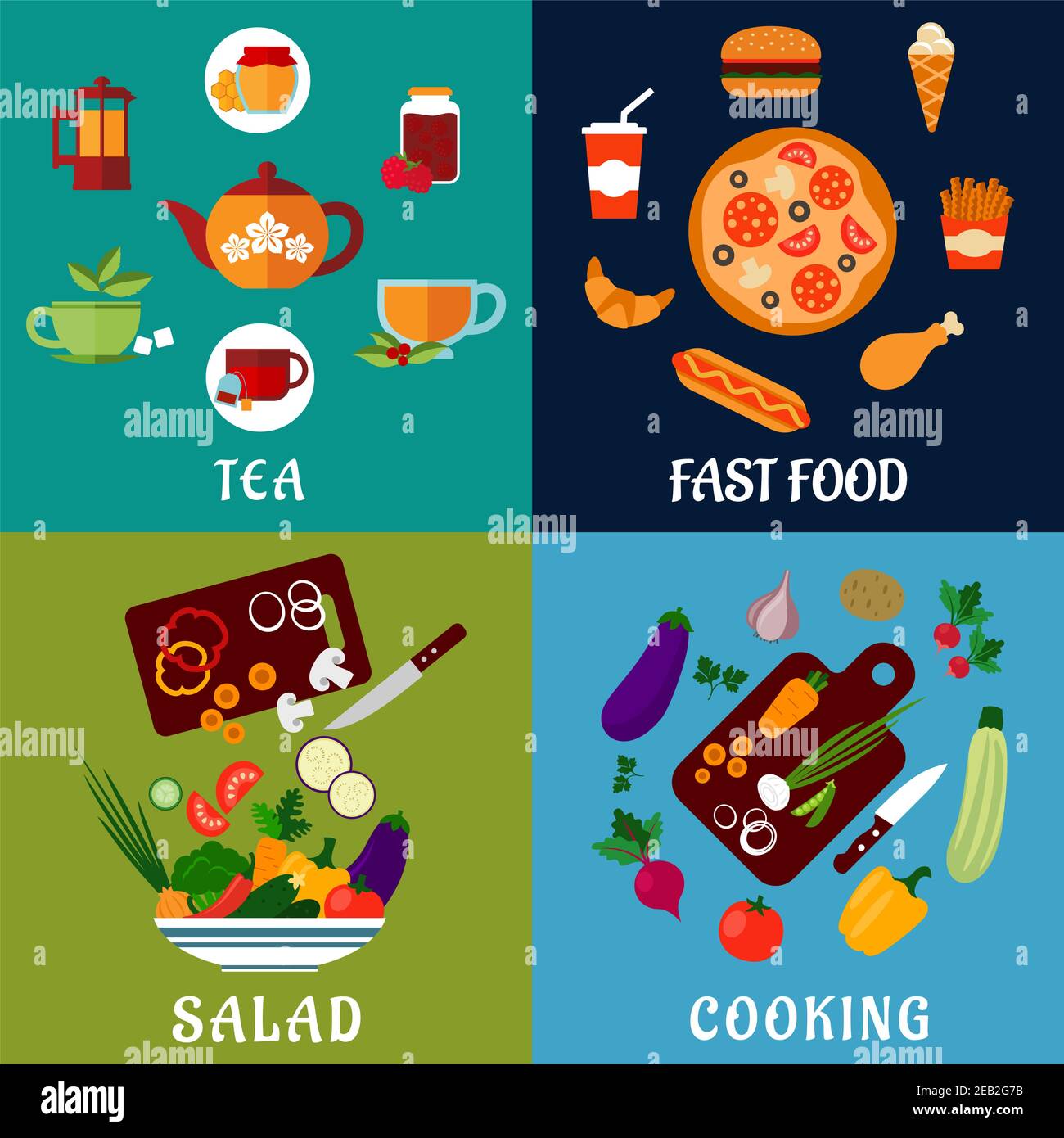 Healthy, fast food and drinks flat icons with salad, fresh vegetables ...