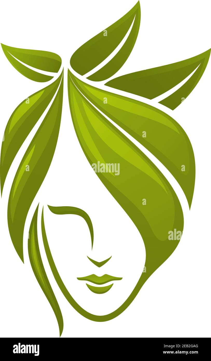 Woman face with hair composed from abstract green leaves for spa, organic  cosmetics or beauty salon Stock Vector Image & Art - Alamy