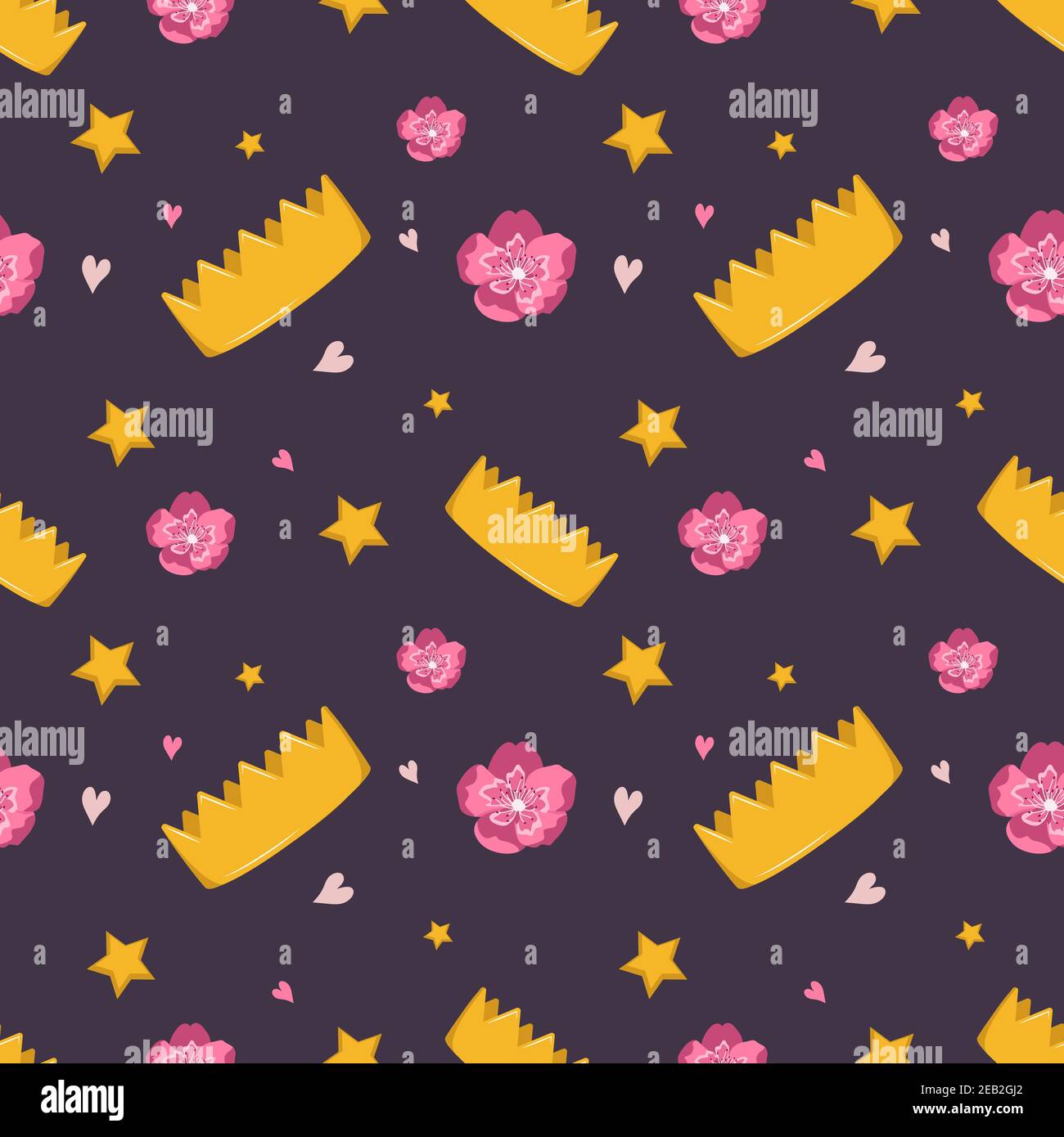 Cute seamless pattern with crown, flowers and stars on a dark background Stock Vector