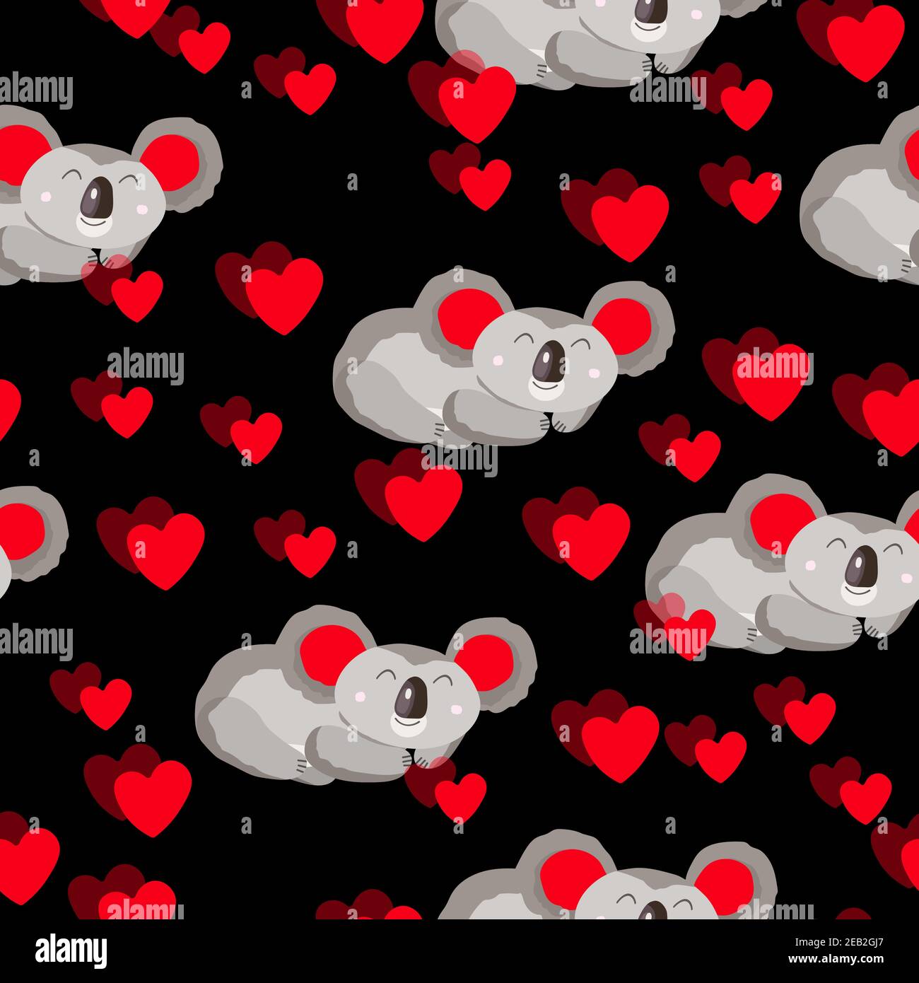 Seamless pattern with cute koala baby and hearts on dark background ...