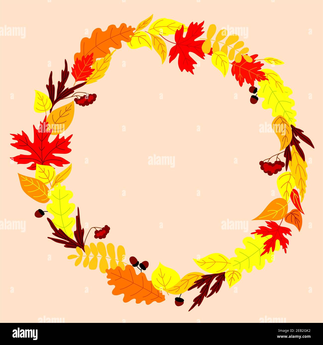 Colorful autumn falling leaves arranged in round shaped frame, decorated by acorns and bunches of viburnum Stock Vector