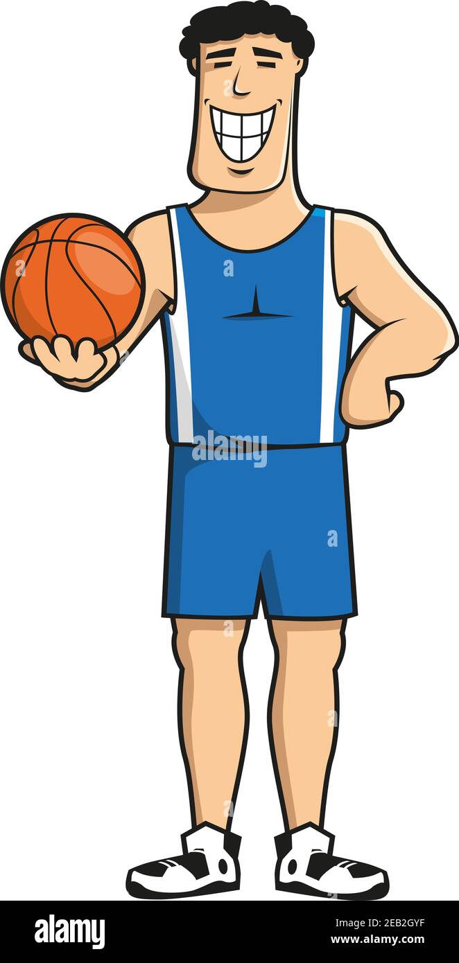 Smiling professional basketball player cartoon character in blue sporting  uniform with orange ball in hand Stock Vector Image & Art - Alamy