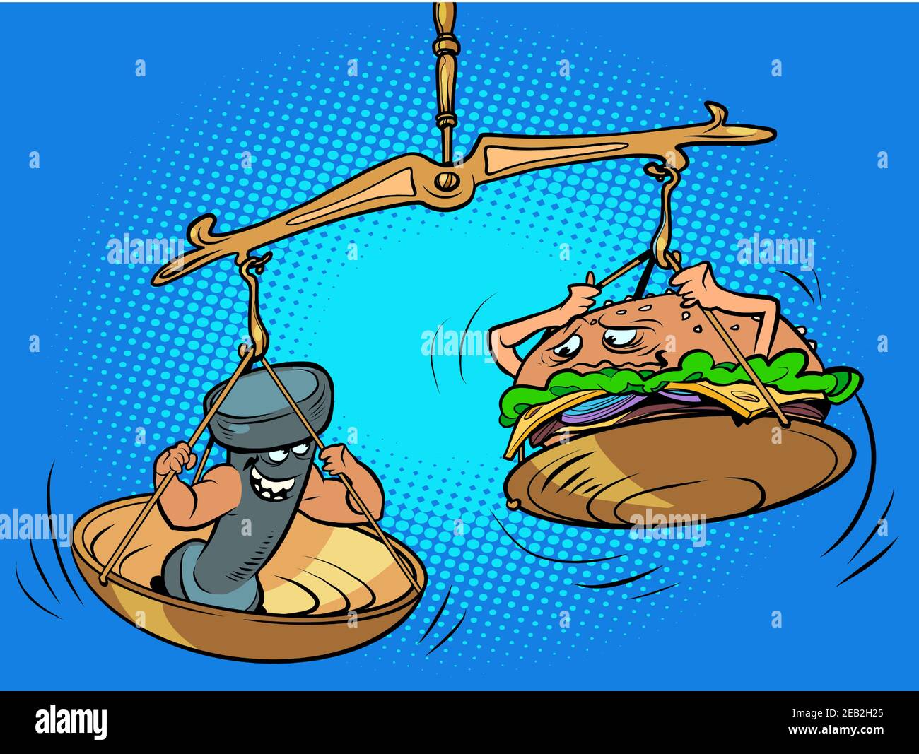 Weighing dumbbell scales and burger Stock Vector