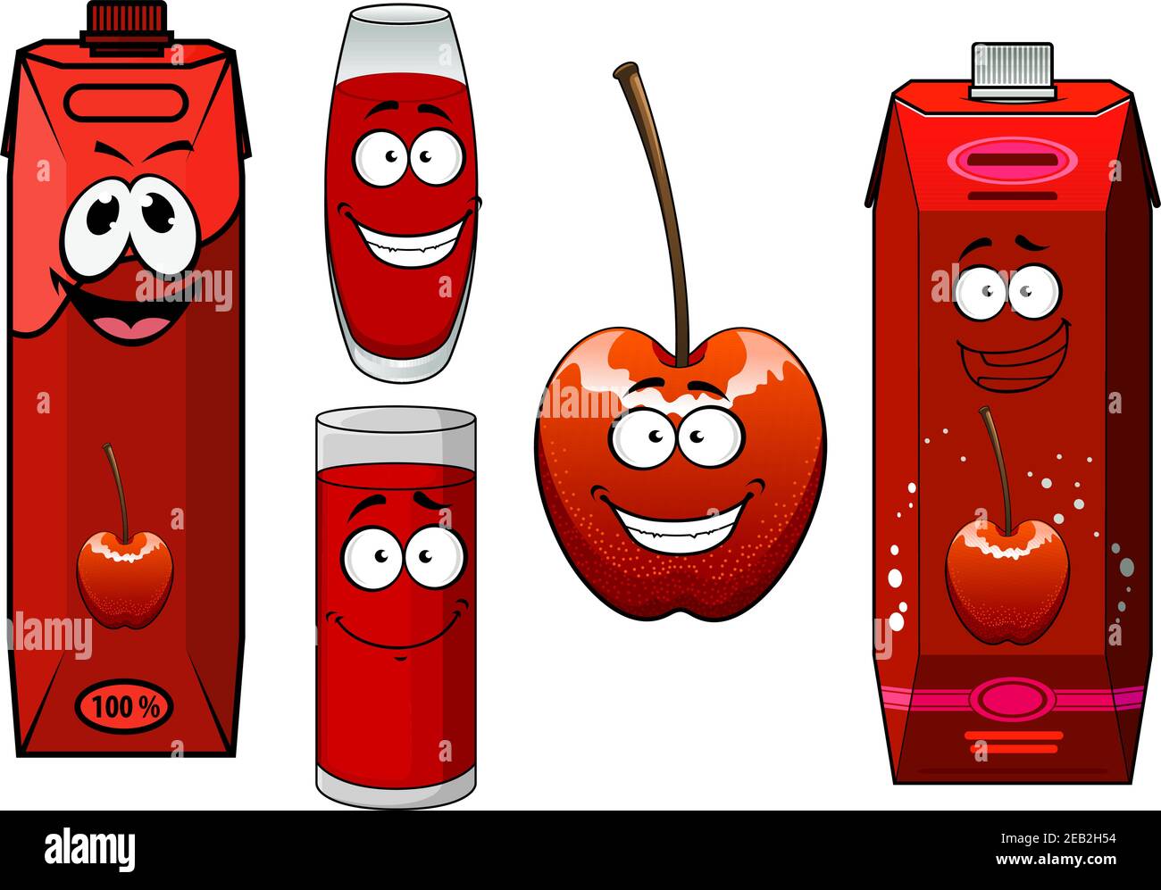 Happy sweet cherry juice cartoon characters with fresh cherry fruit